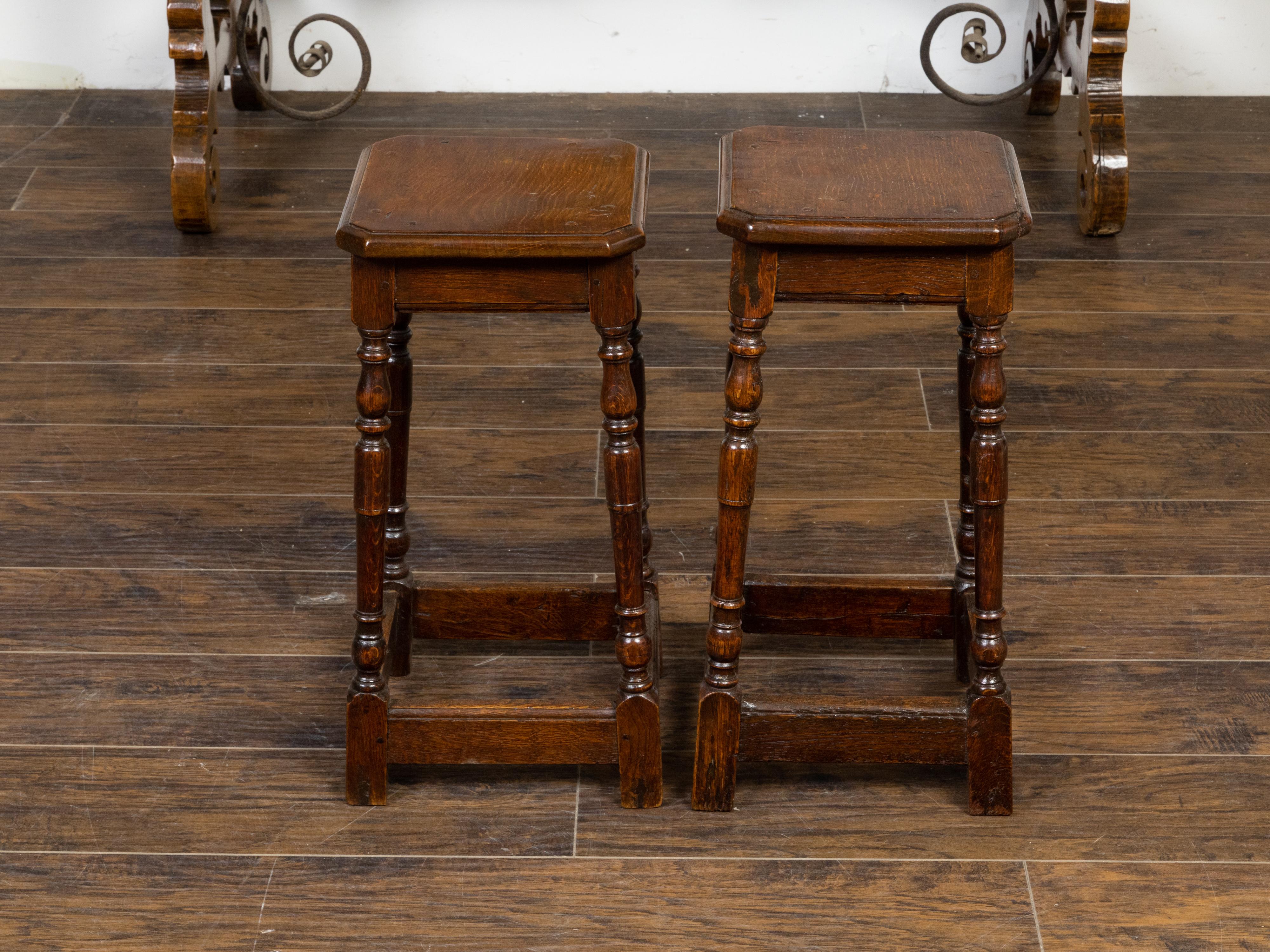 Pair of English 19th Century Oak Joint Stools with Turned Legs and Stretchers 2