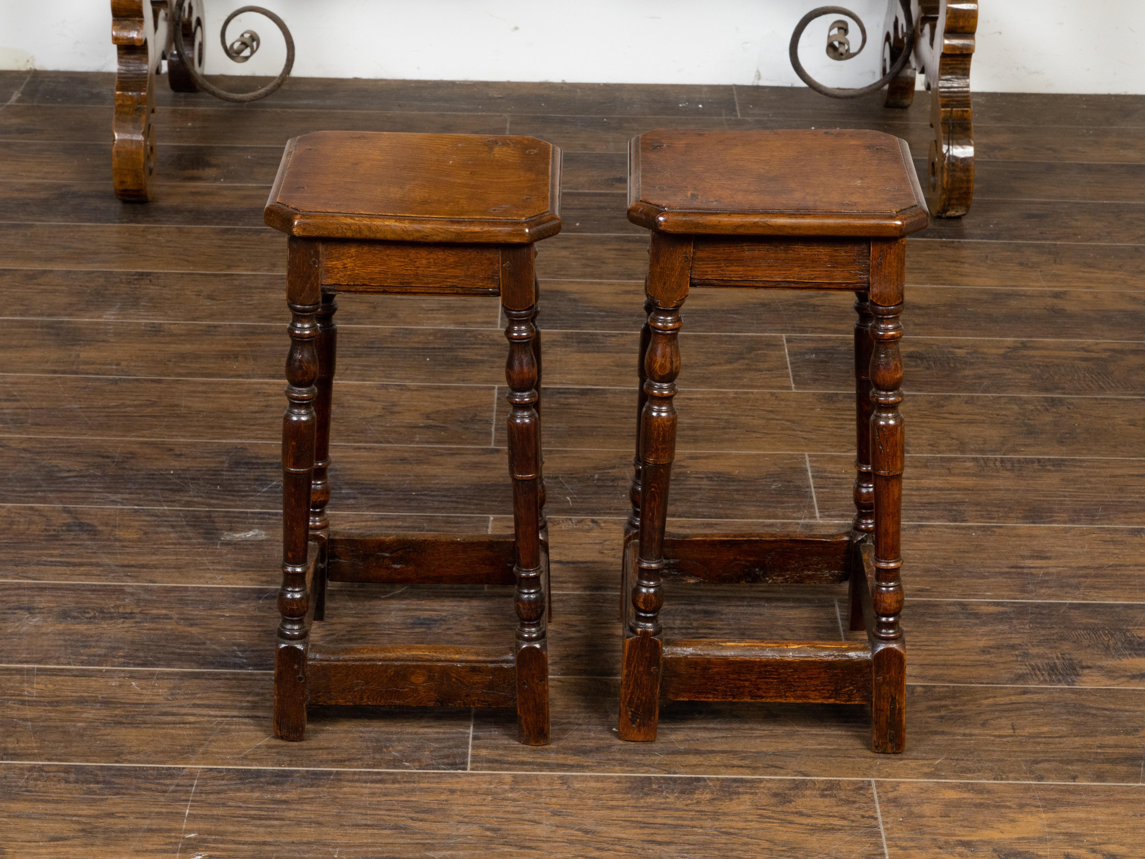 Pair of English 19th Century Oak Joint Stools with Turned Legs and Stretchers 5