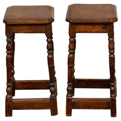 Pair of English 19th Century Oak Joint Stools with Turned Legs and Stretchers