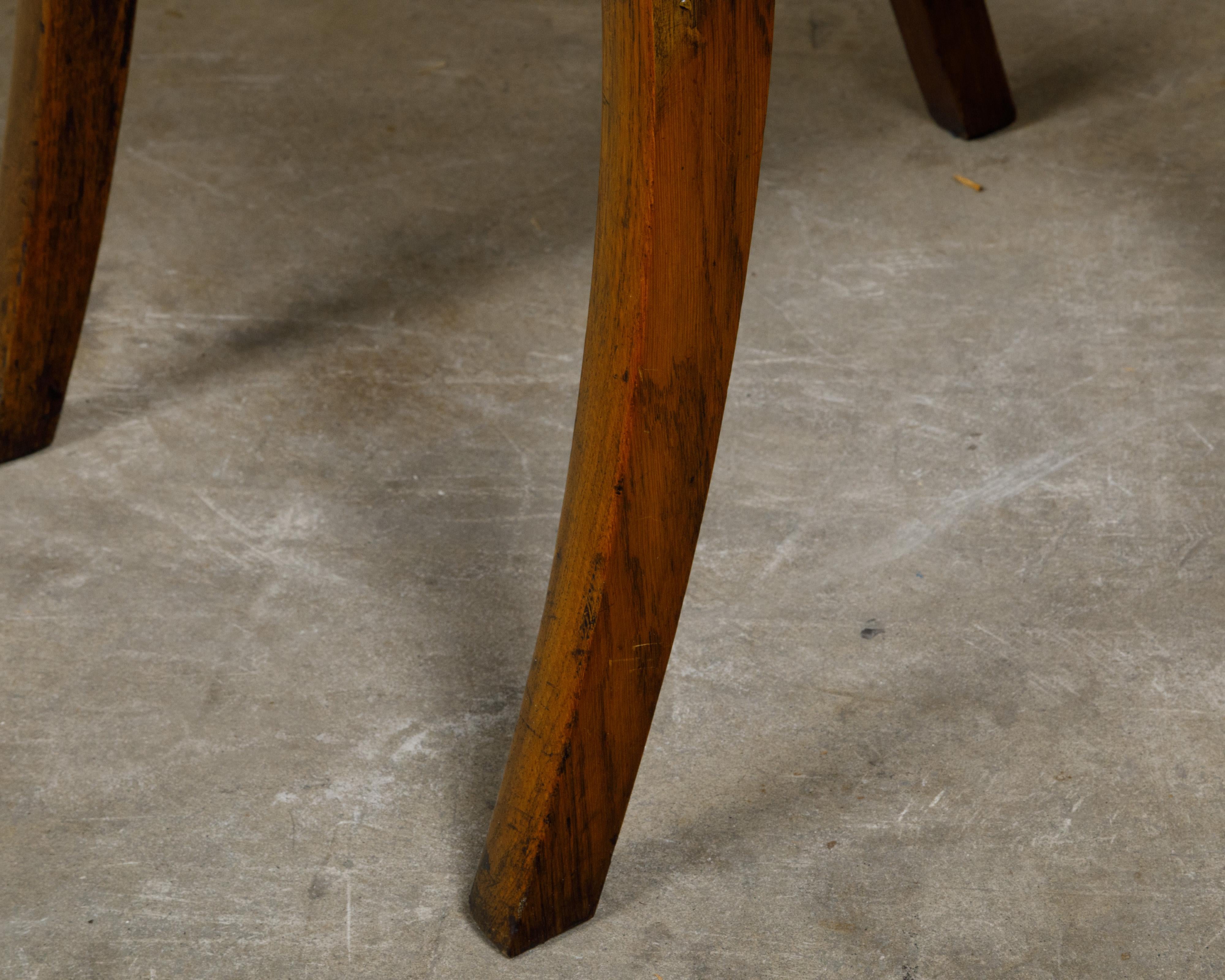 Pair of English 19th Century Oak Stools with Saber Legs and Custom Upholstery For Sale 7