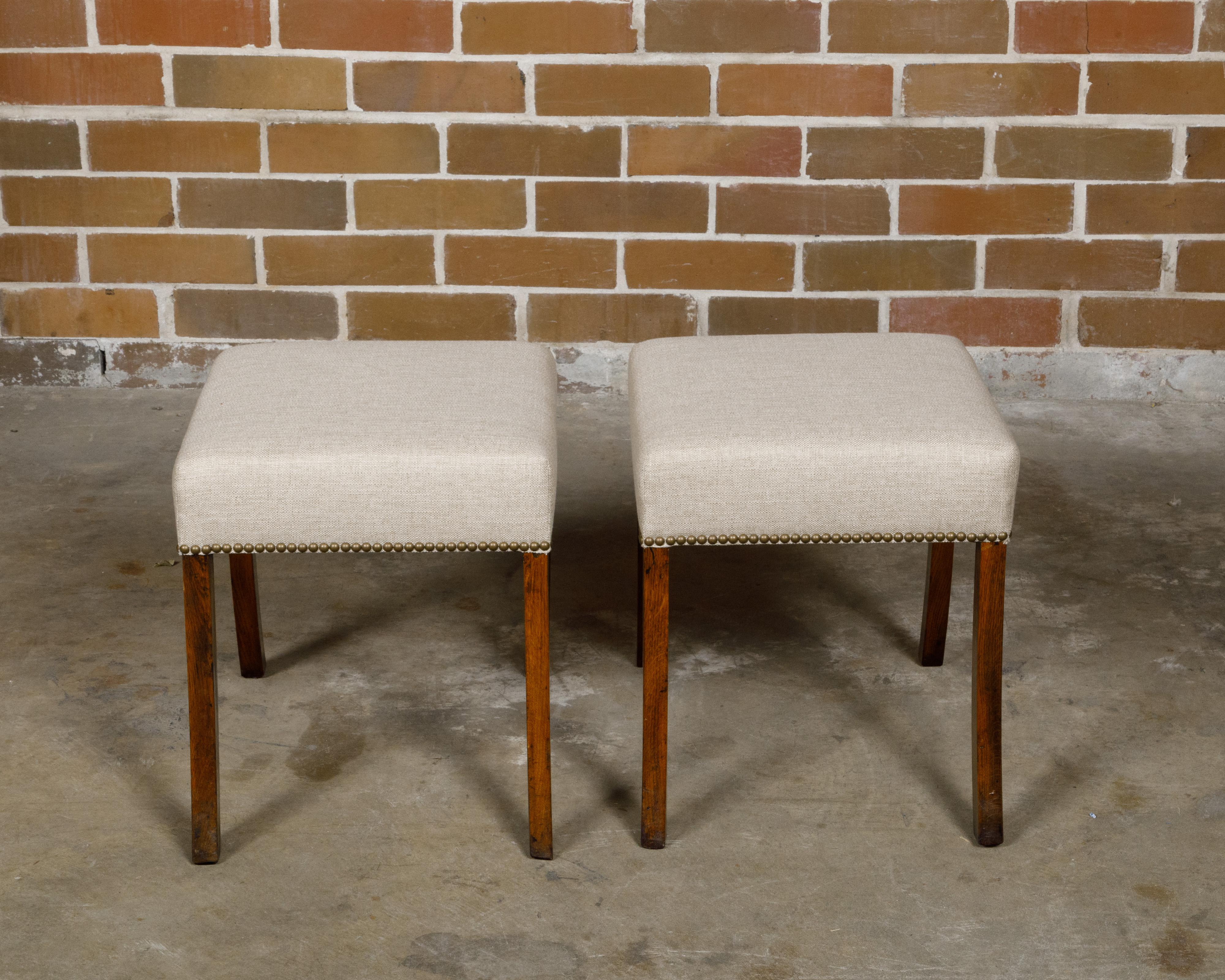 Pair of English 19th Century Oak Stools with Saber Legs and Custom Upholstery For Sale 2