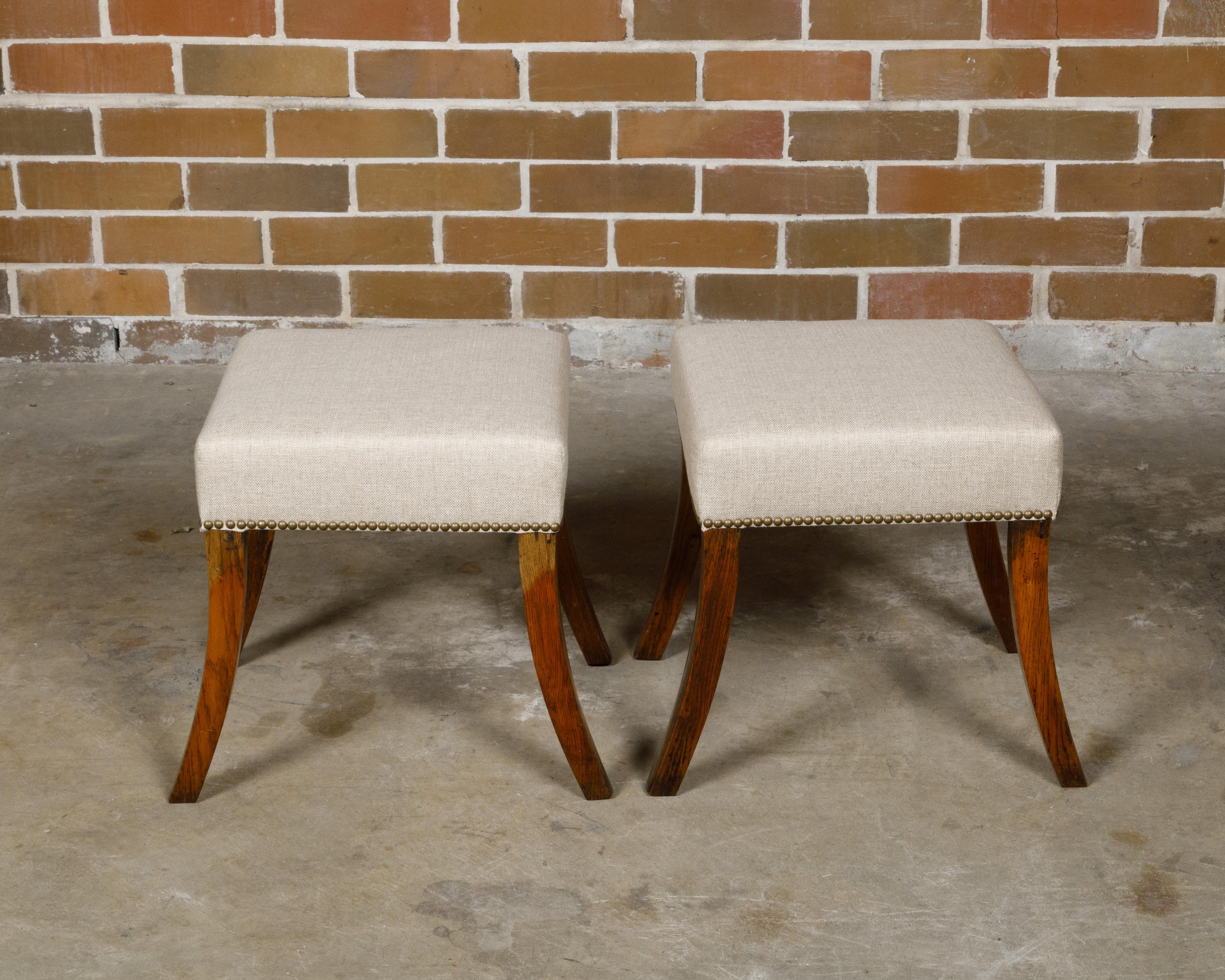 Pair of English 19th Century Oak Stools with Saber Legs and Custom Upholstery For Sale 3