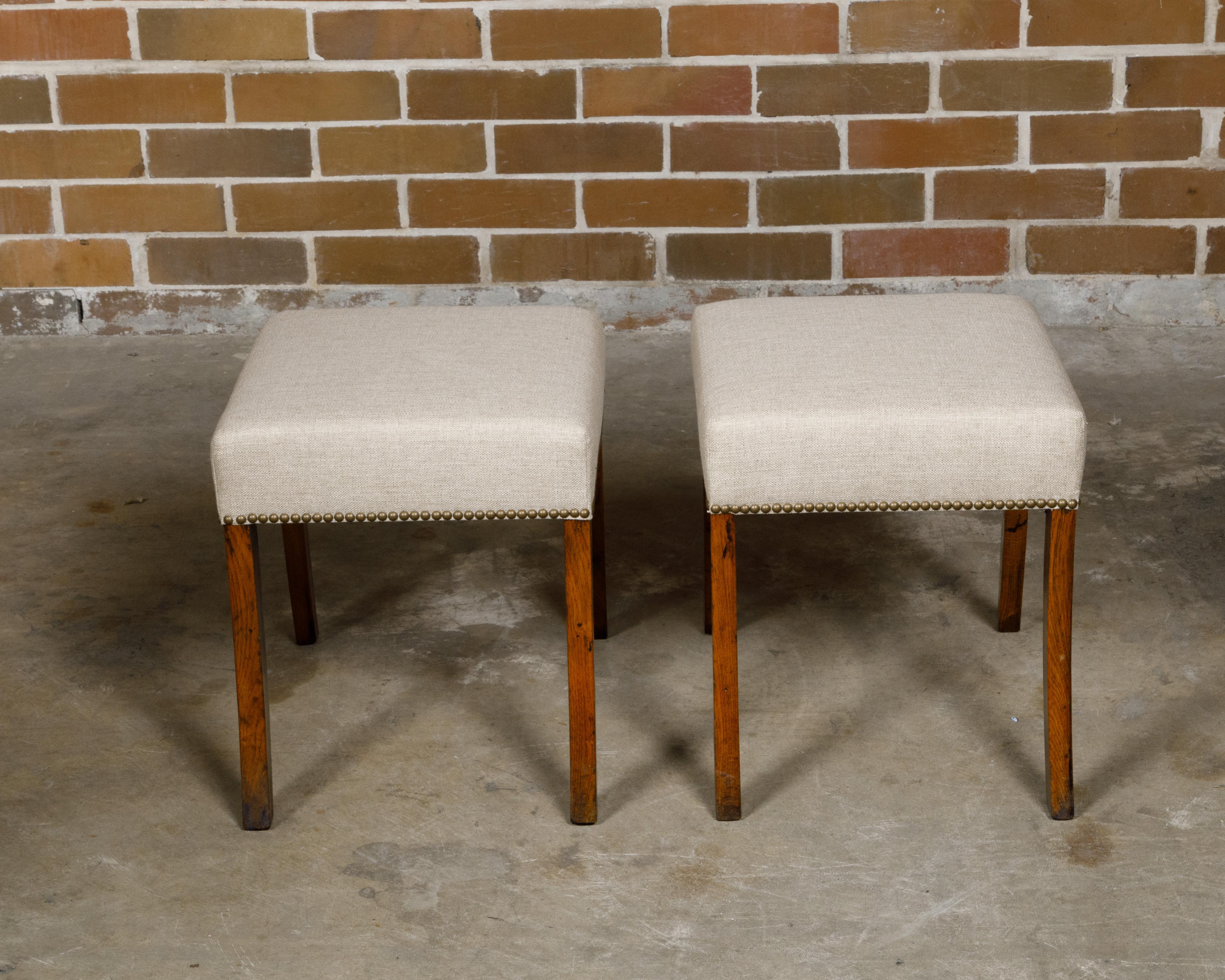 Pair of English 19th Century Oak Stools with Saber Legs and Custom Upholstery For Sale 4