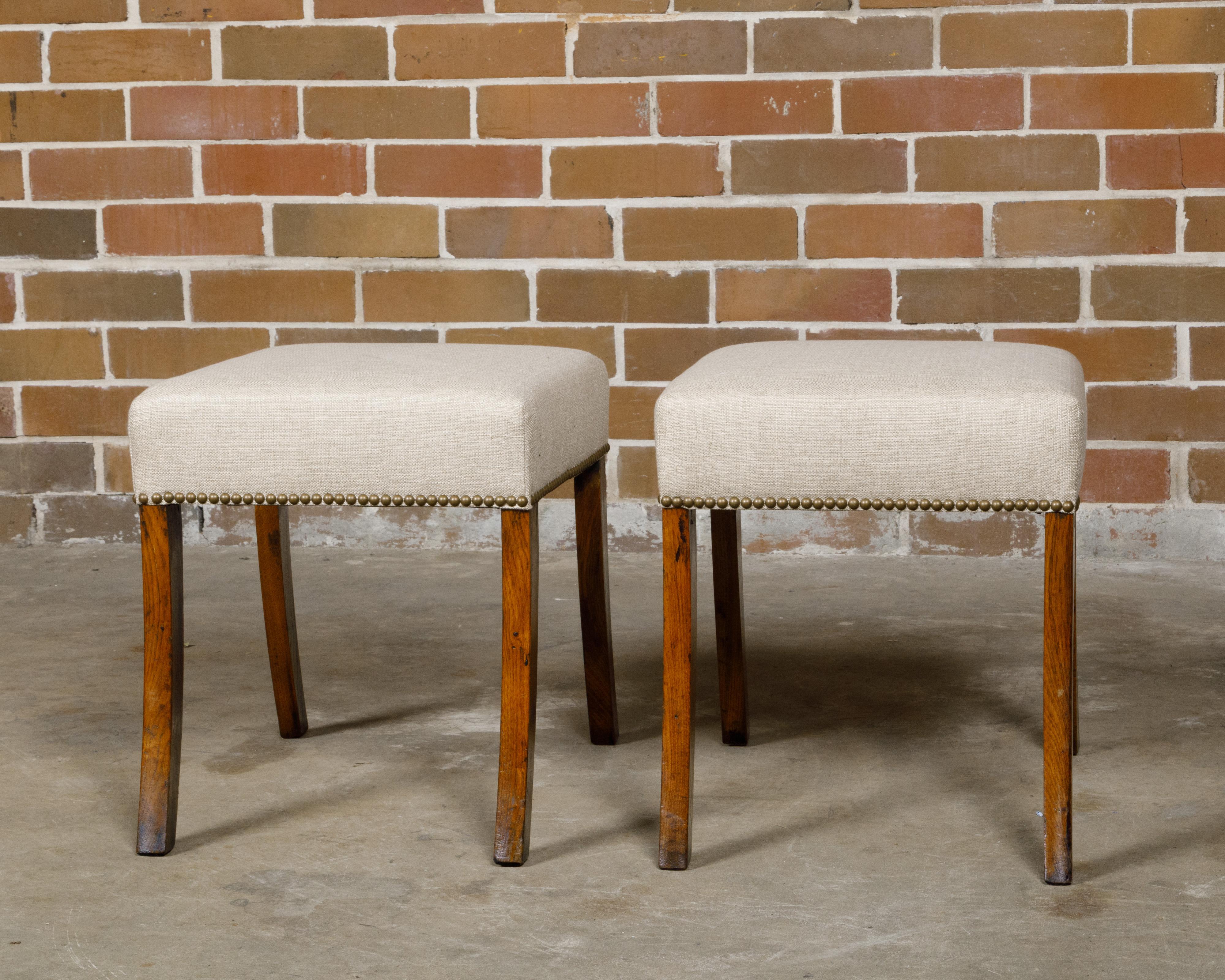 Pair of English 19th Century Oak Stools with Saber Legs and Custom Upholstery For Sale 5