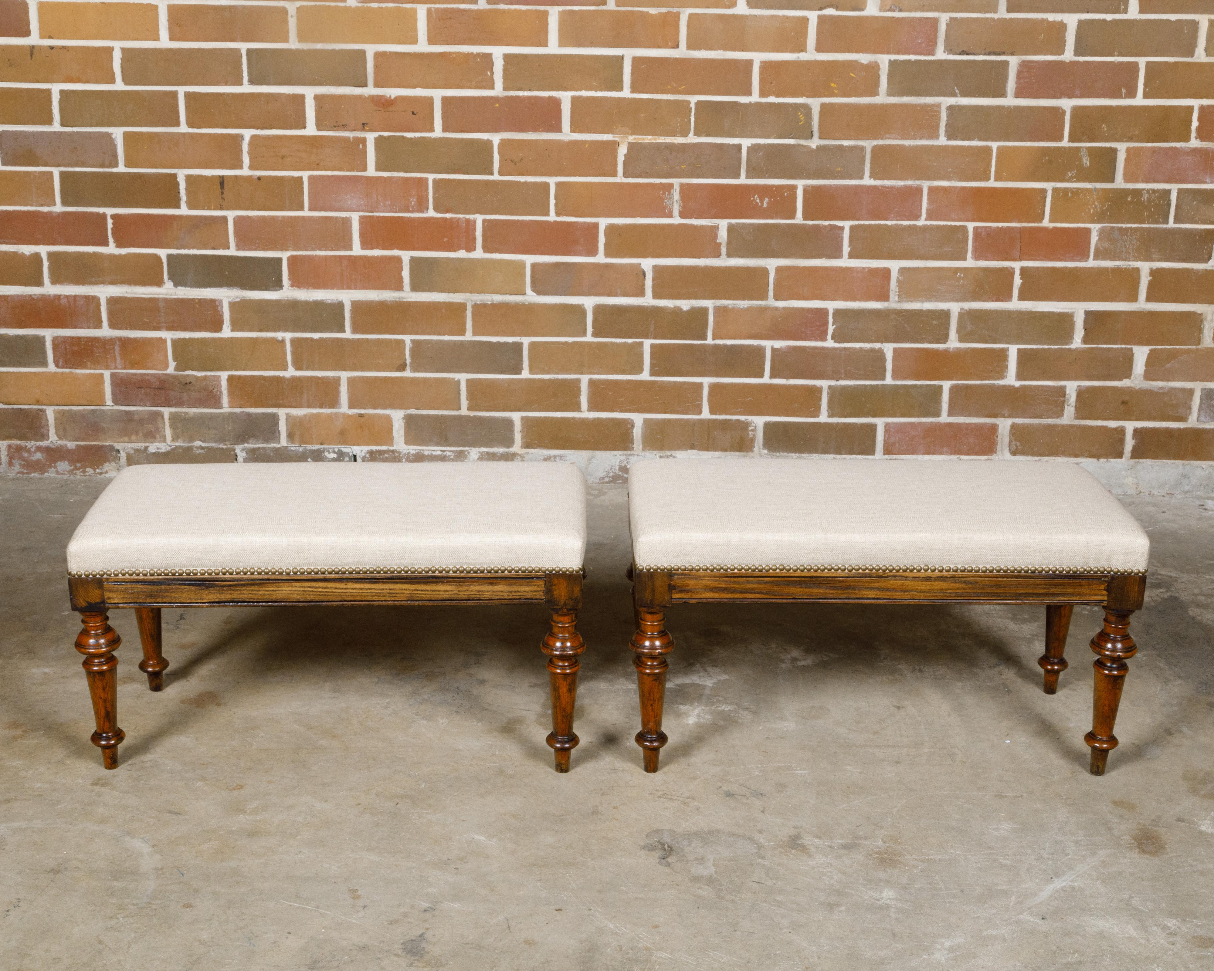Pair of English 19th Century Oak Stools with Turned Legs and Custom Upholstery For Sale 7