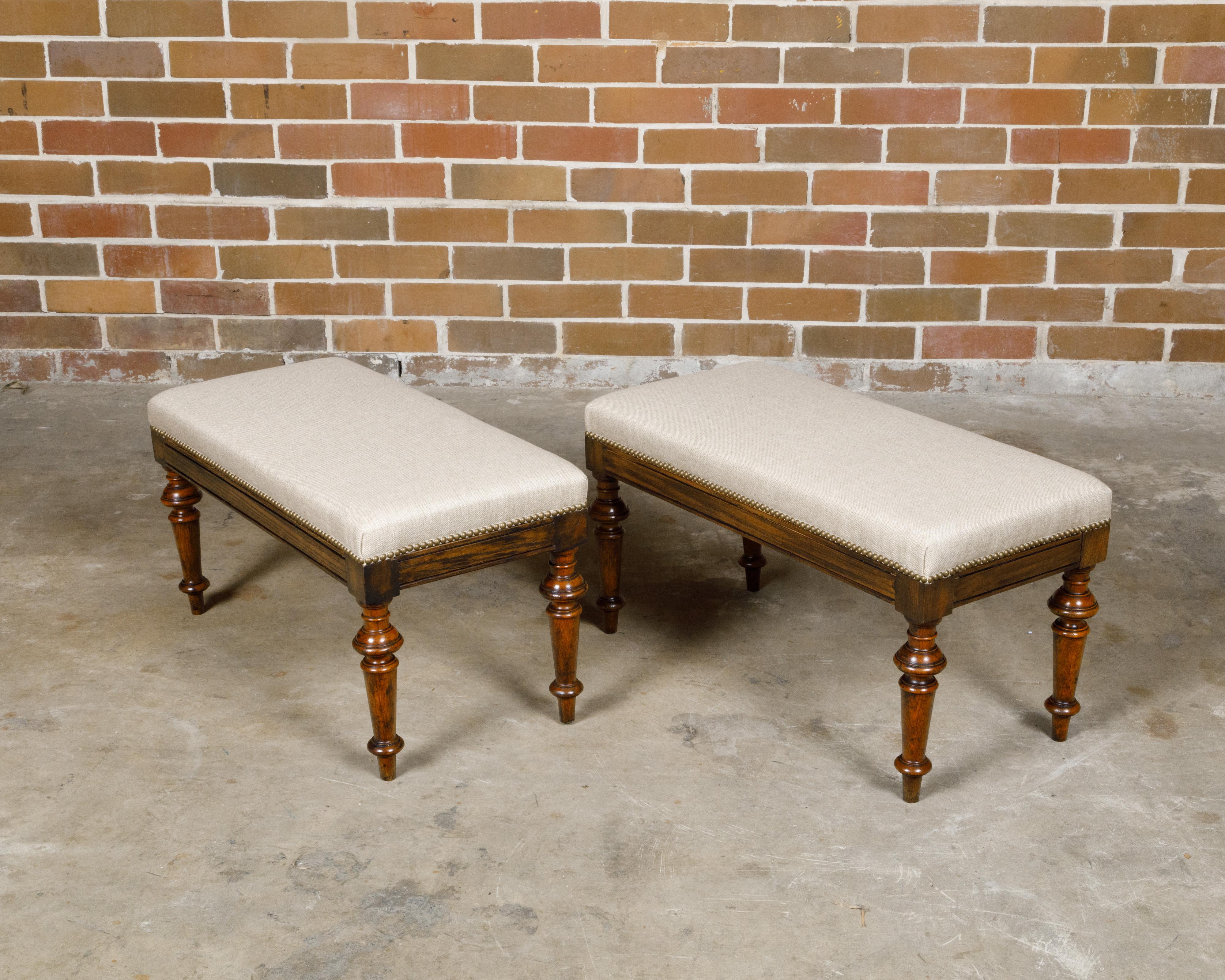 Pair of English 19th Century Oak Stools with Turned Legs and Custom Upholstery For Sale 8