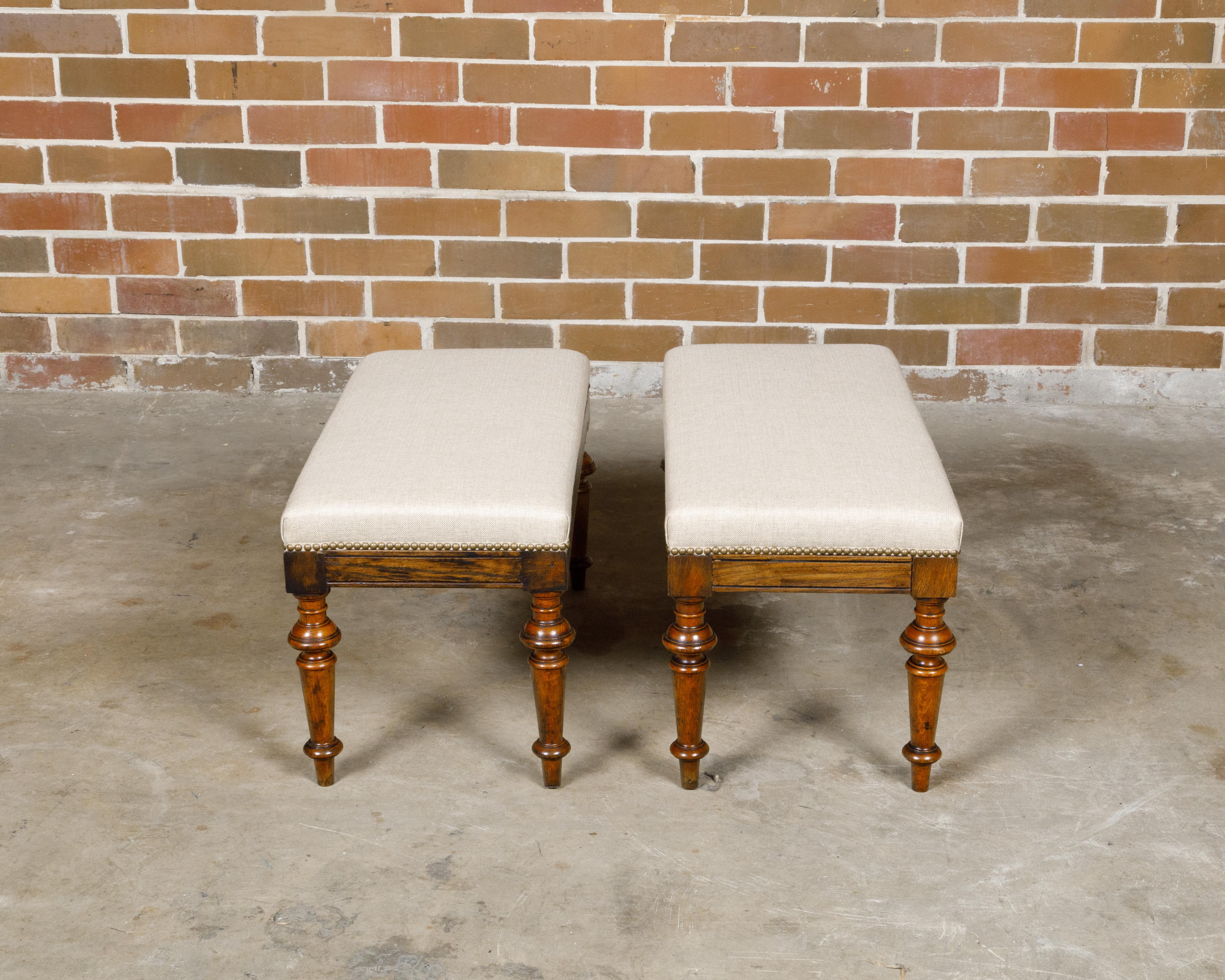 Pair of English 19th Century Oak Stools with Turned Legs and Custom Upholstery For Sale 9