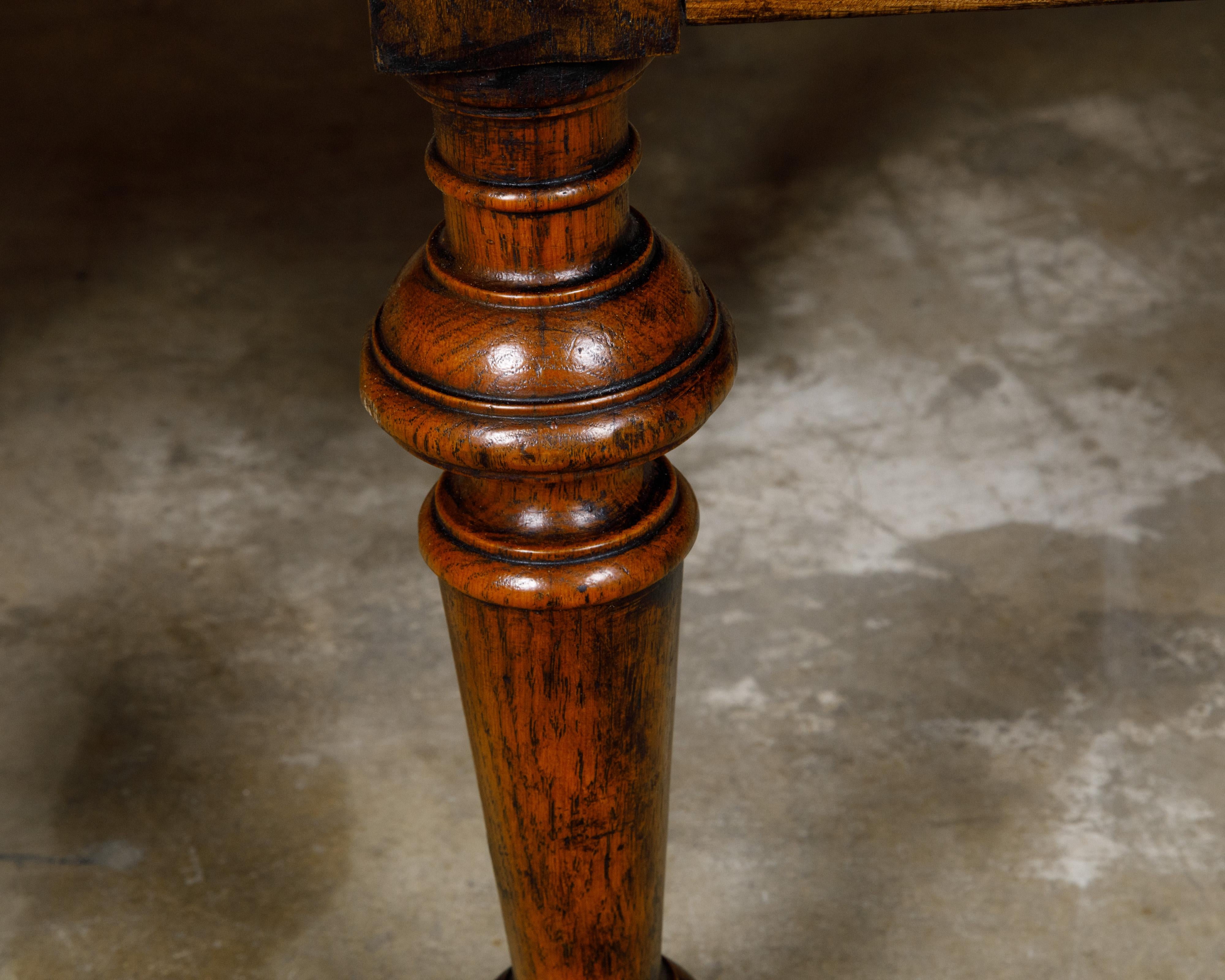 Pair of English 19th Century Oak Stools with Turned Legs and Custom Upholstery For Sale 2