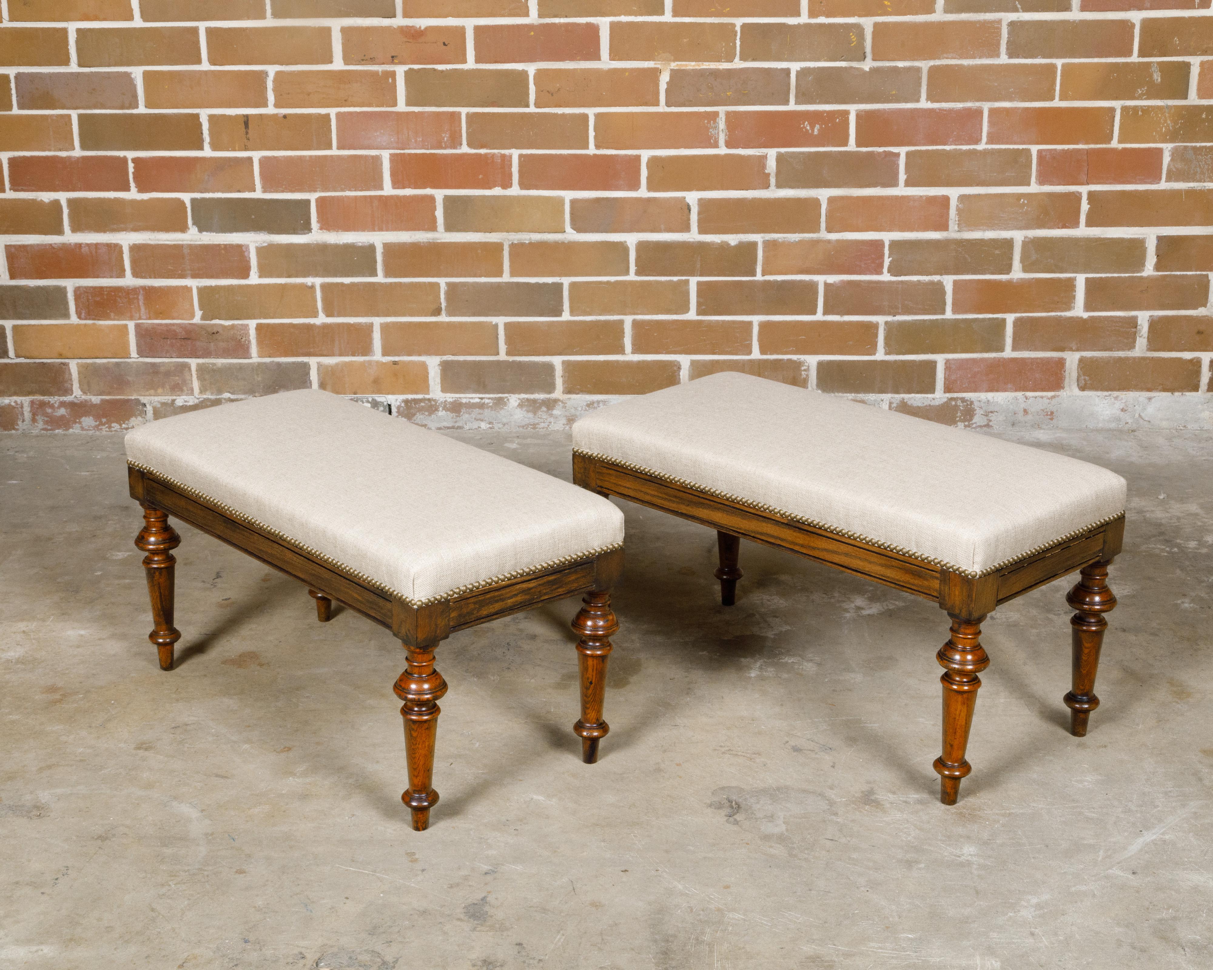 Pair of English 19th Century Oak Stools with Turned Legs and Custom Upholstery For Sale 5