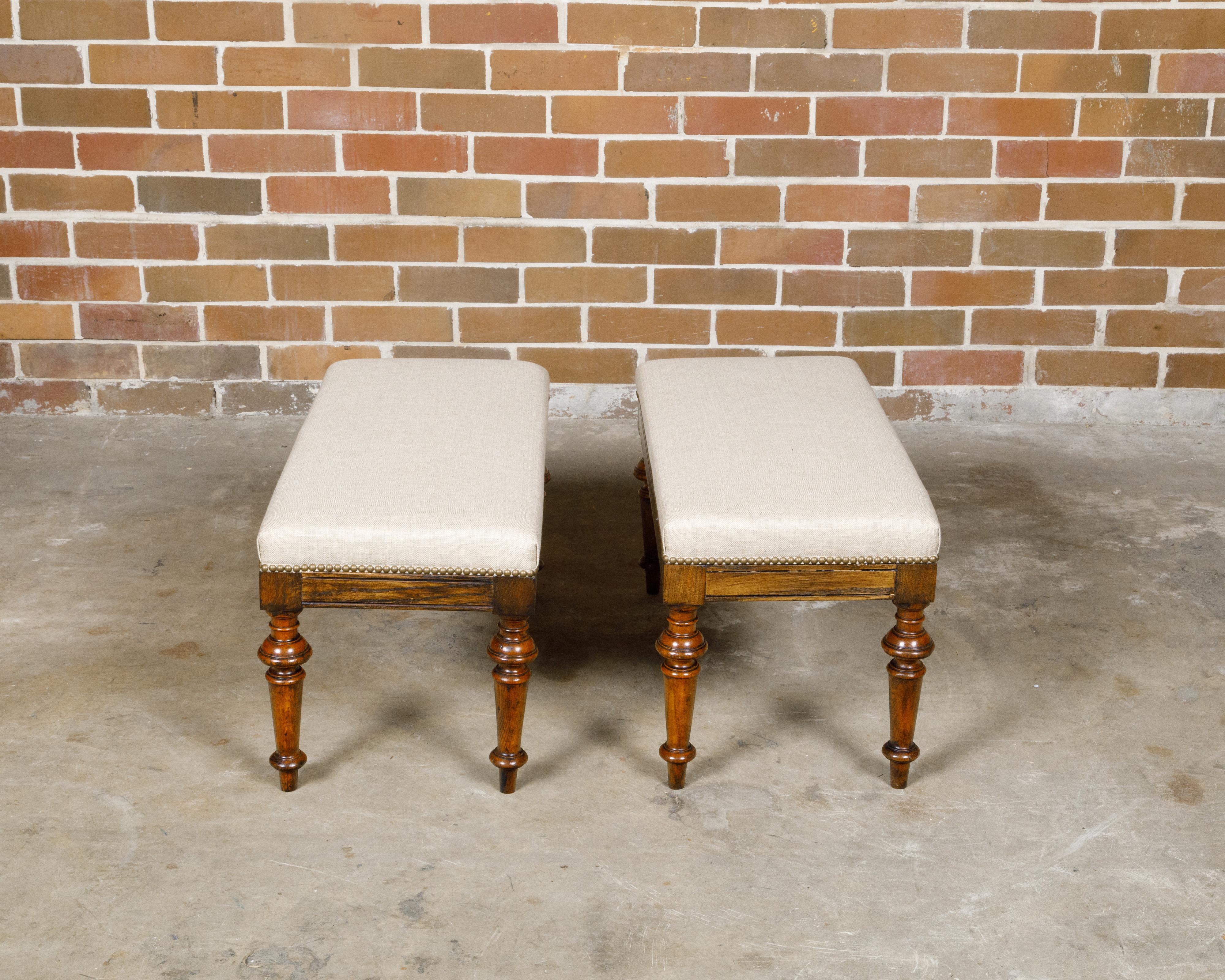 Pair of English 19th Century Oak Stools with Turned Legs and Custom Upholstery For Sale 6
