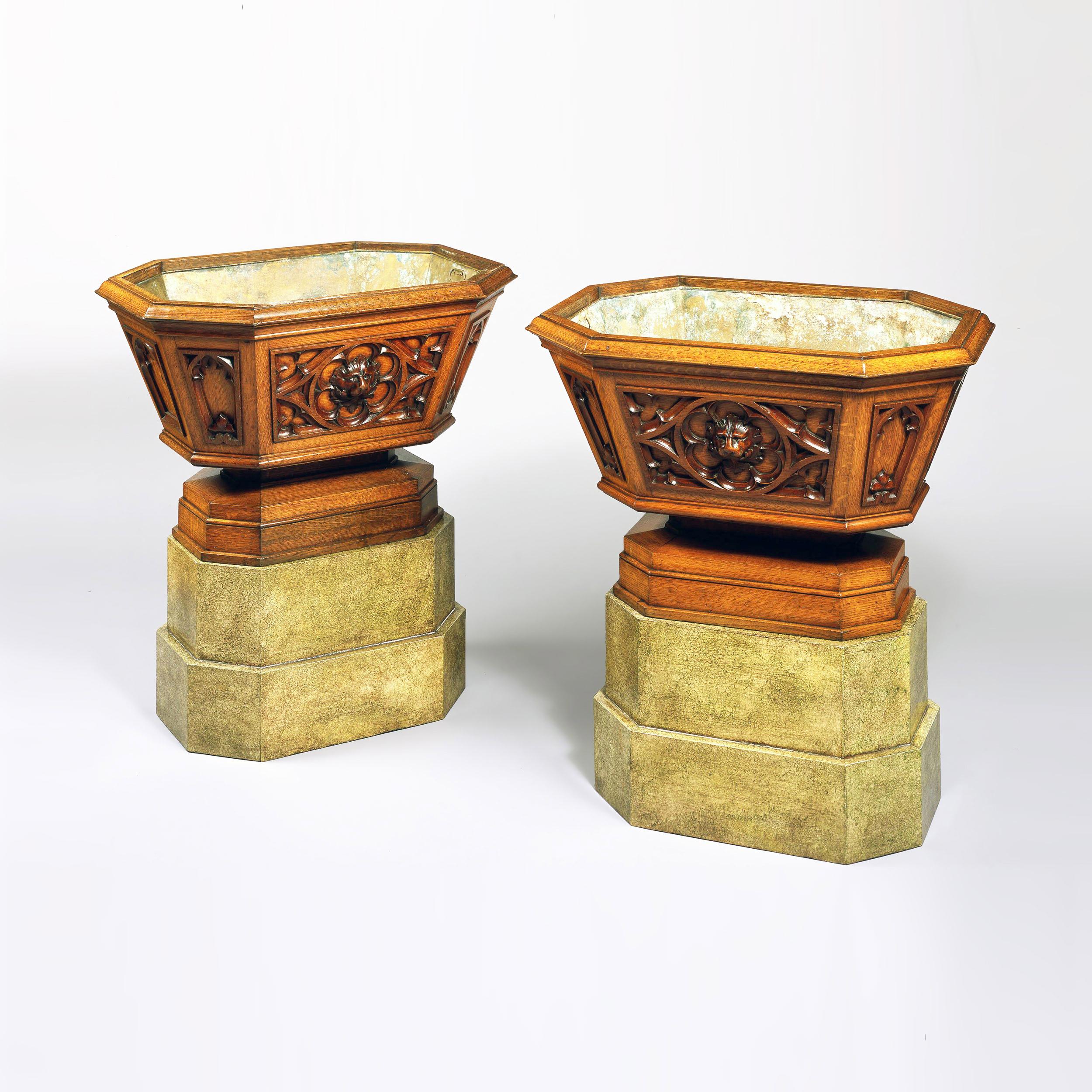 Carved Pair of English 19th Century Oak Wine Coolers in the Gothic Style For Sale