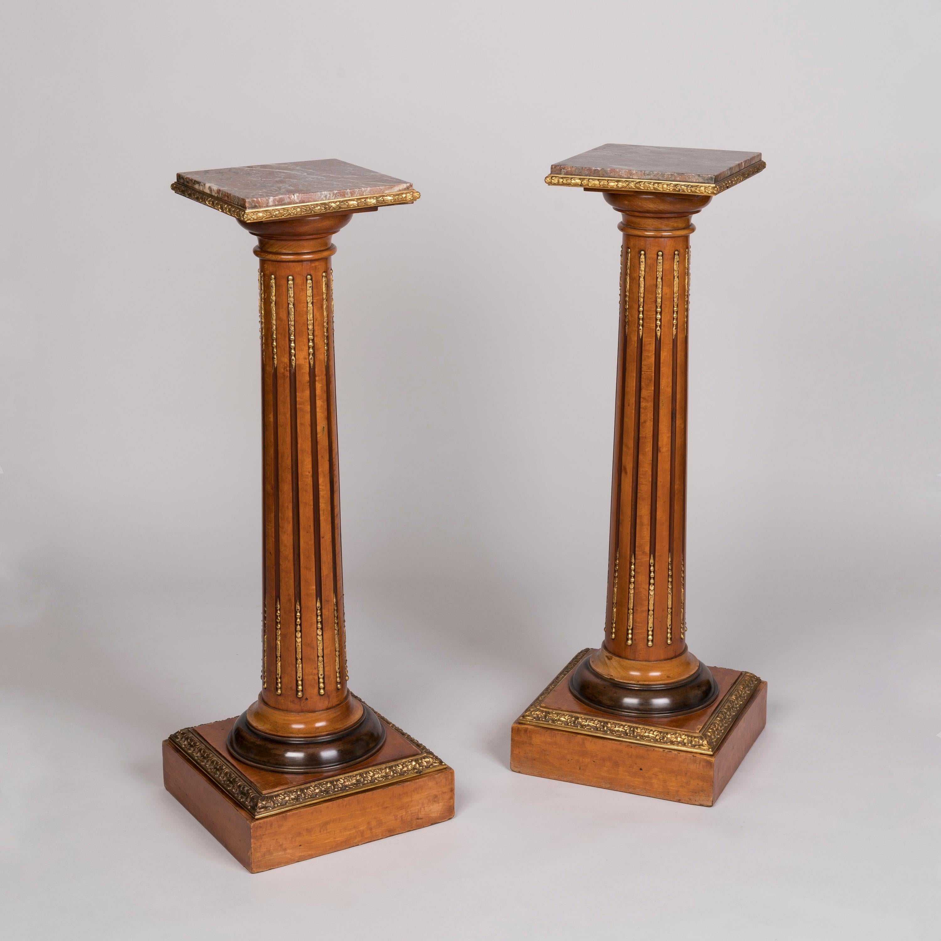 Pair of English 19th Century Ormolu-Mounted Satinwood Pedestals For Sale 1