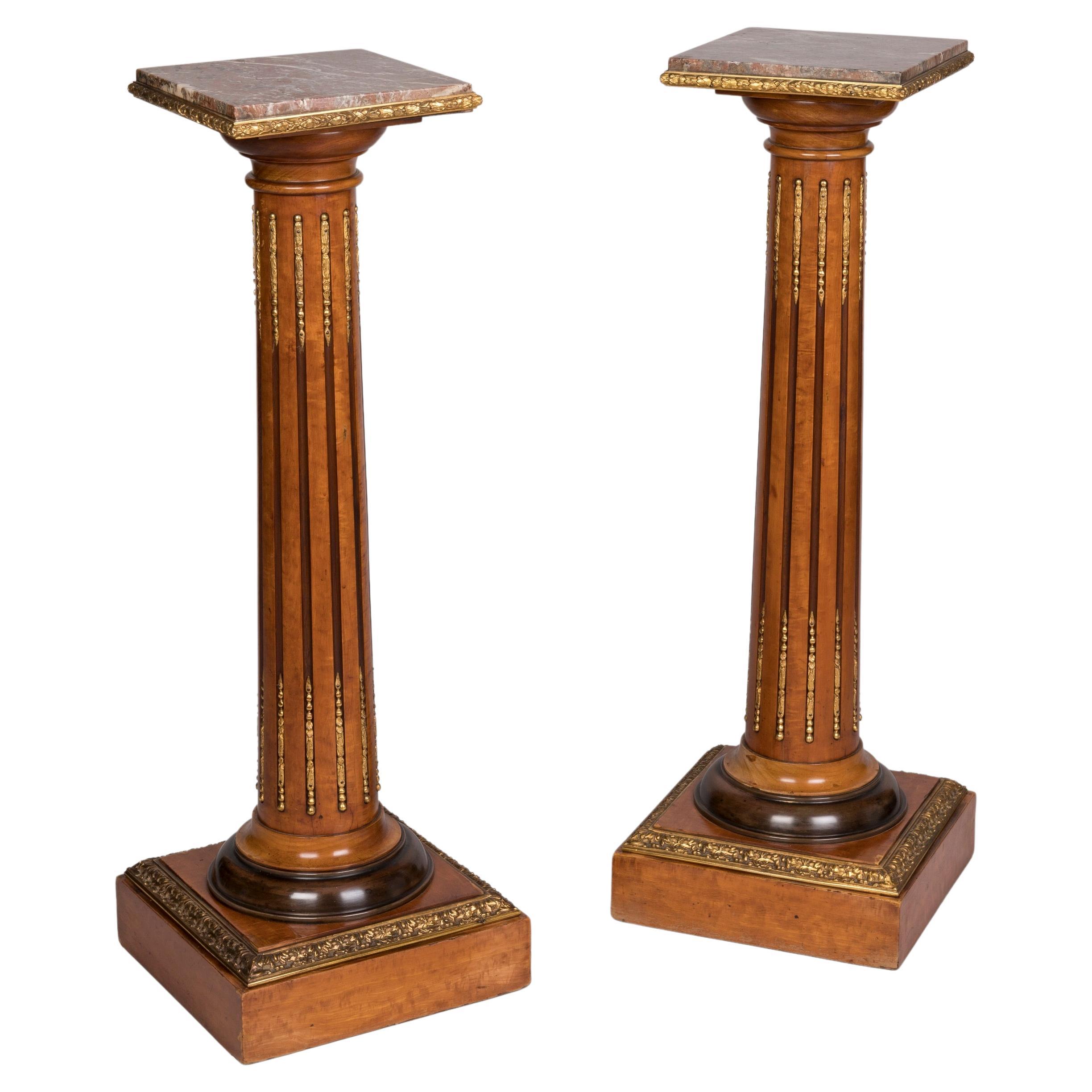 Pair of English 19th Century Ormolu-Mounted Satinwood Pedestals For Sale