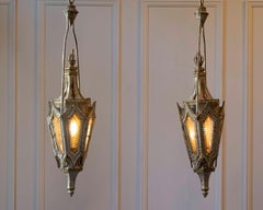 Pair of English 19th Century Painted Iron Gothic Revival Period Lanterns