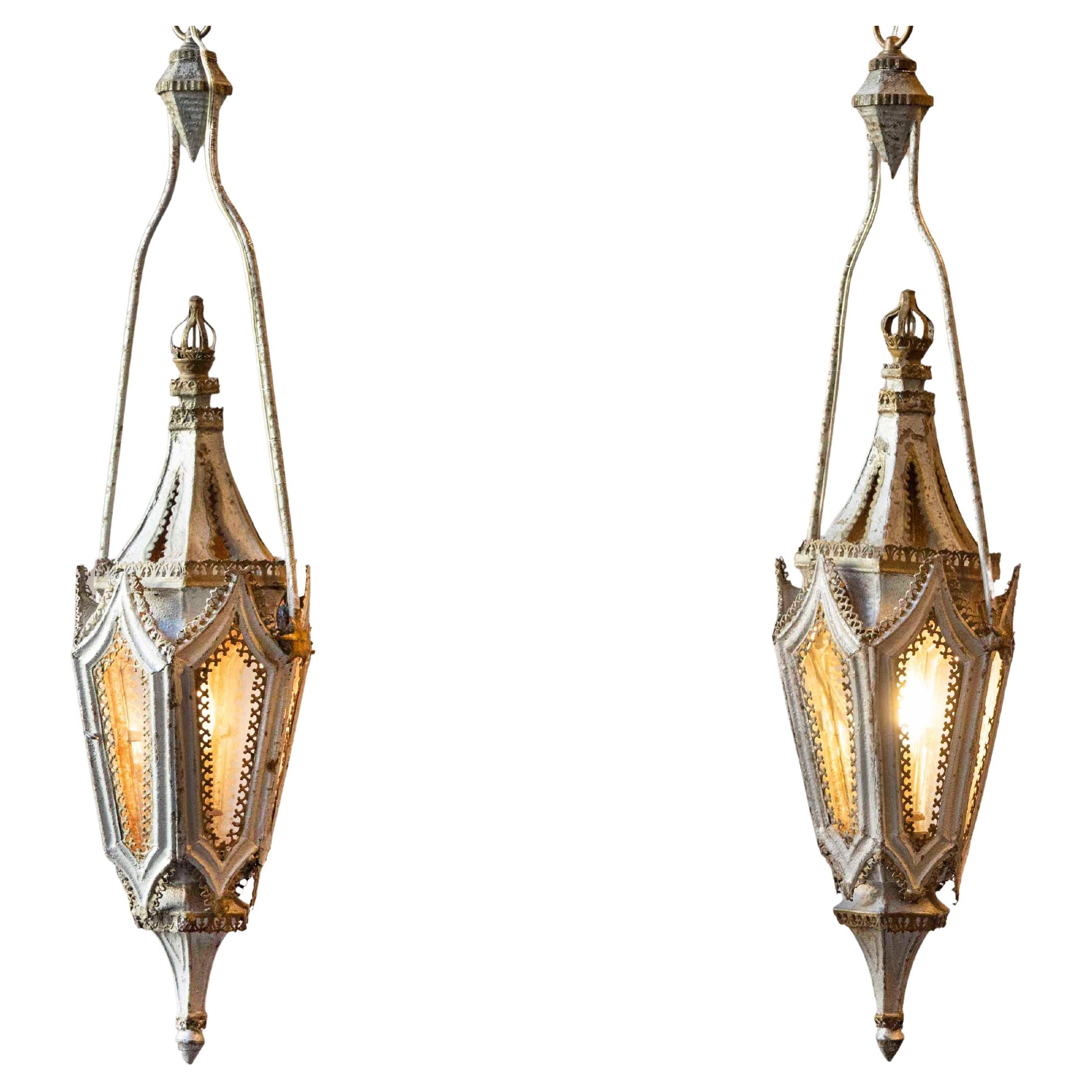 Pair of English 19th Century Painted Iron Gothic Revival Period Lanterns