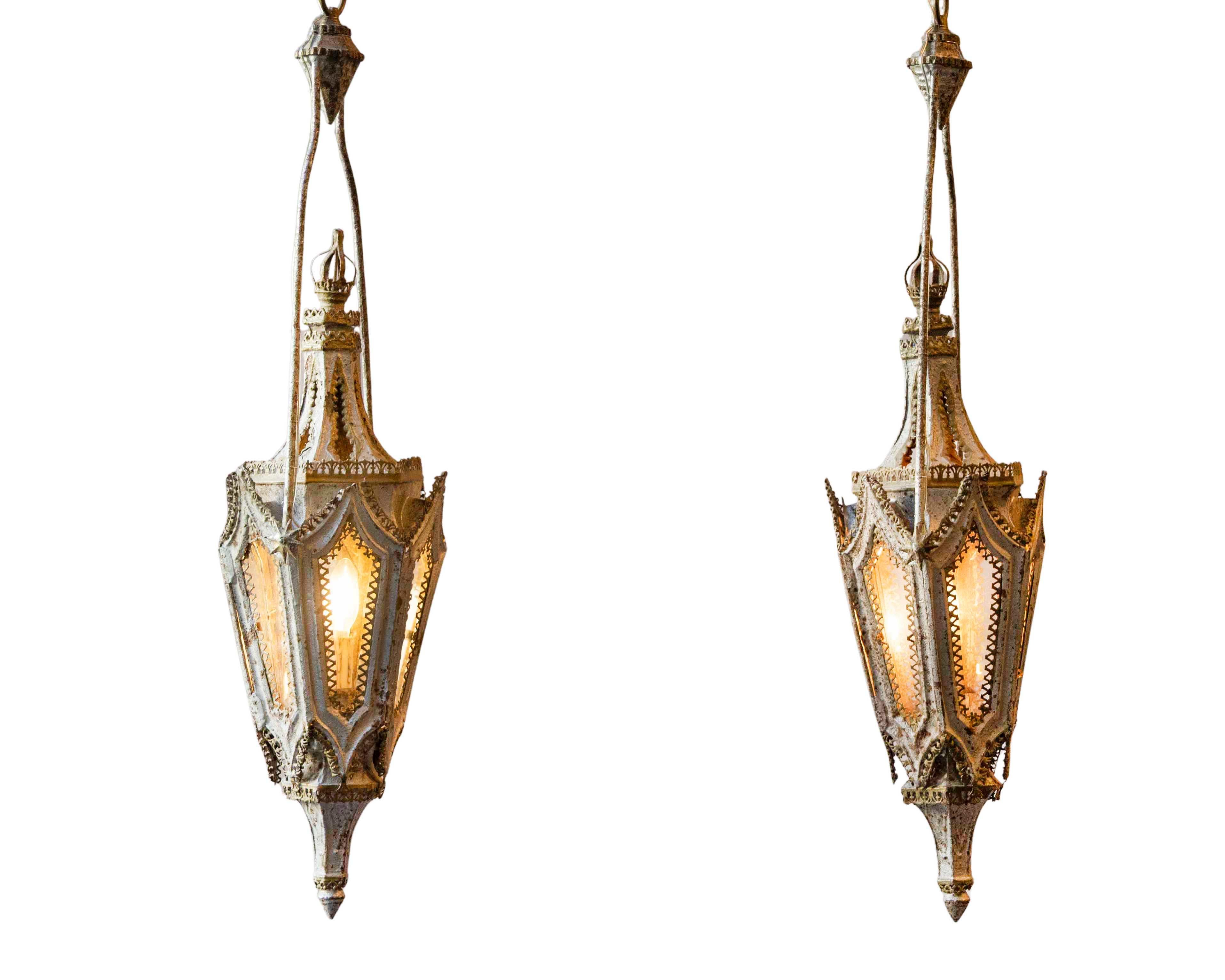Pair of English 19th Century Painted Iron Gothic Revival Period Lanterns