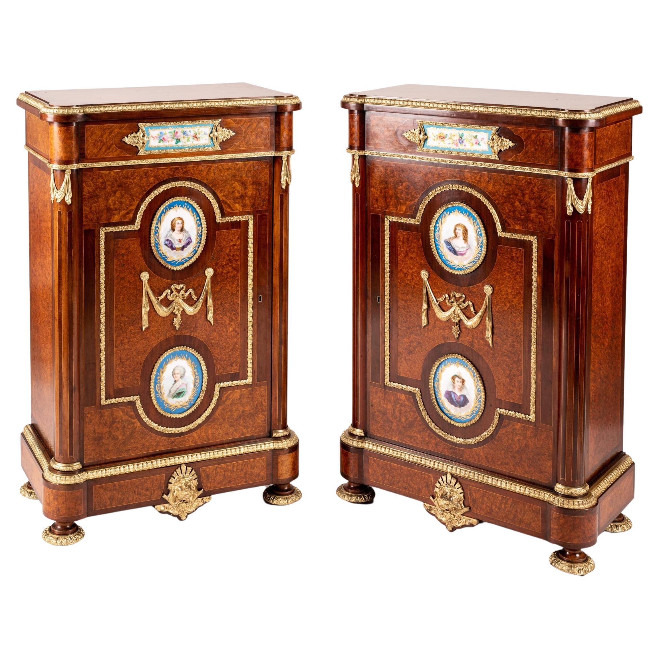 Pair of English 19th Century Porcelain-Mounted Cabinets For Sale