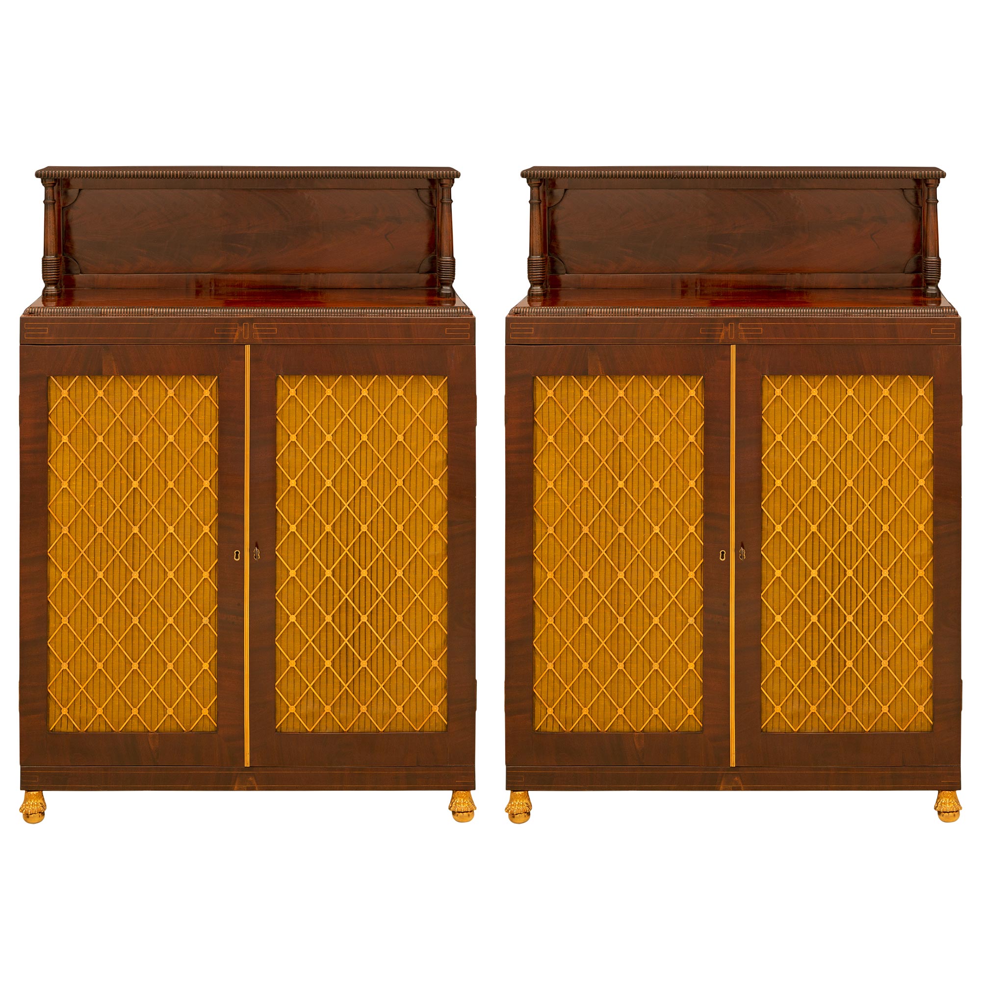 Pair of English 19th Century Regency Period Flamed Mahogany Cabinets For Sale