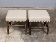 Pair of English 19th Century Spool-Turned Stools with New Upholstery