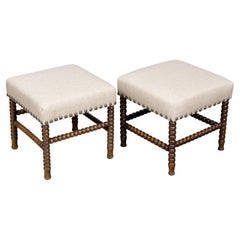 Pair of English 19th Century Spool-Turned Stools with New Upholstery
