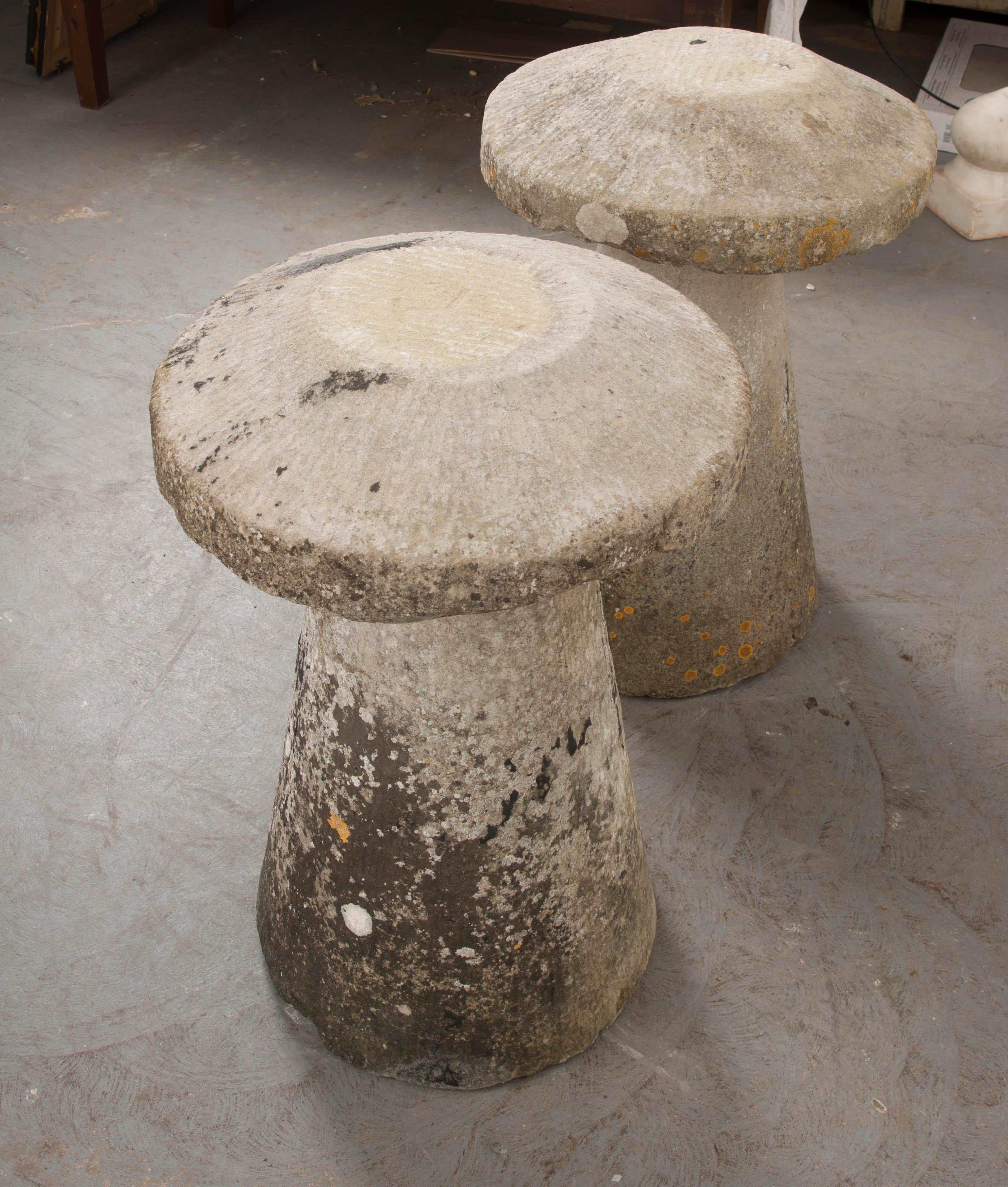 A delightful pair of vintage staddle stones, circa 1880, that will add plenty of charm to your garden! Staddle stones, or stone mushrooms, date back to the medieval period and were originally used as supporting bases for granaries, hayricks, etc.