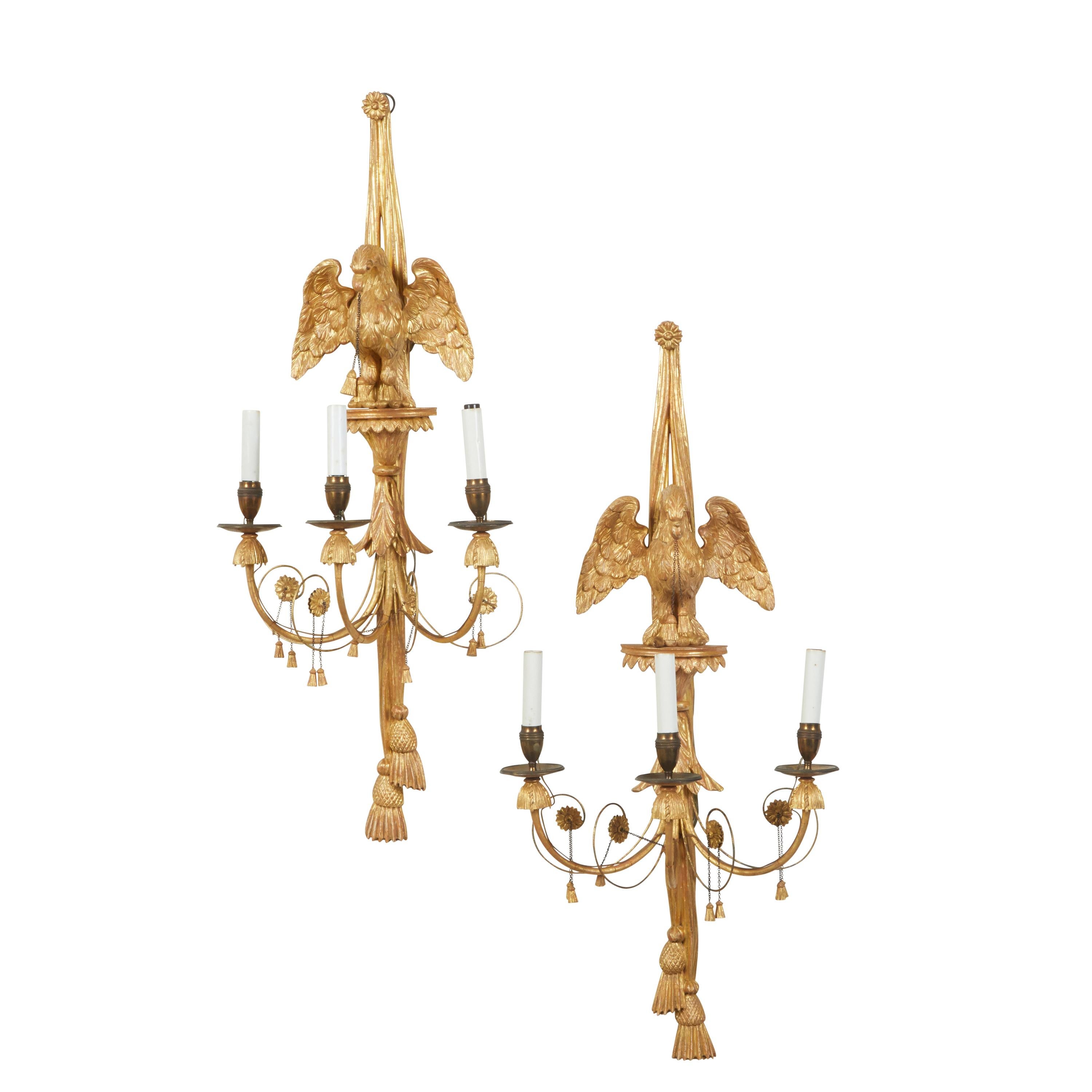 Pair of English 19th Century Three-Light Giltwood Sconces with Carved Eagles In Good Condition For Sale In Atlanta, GA