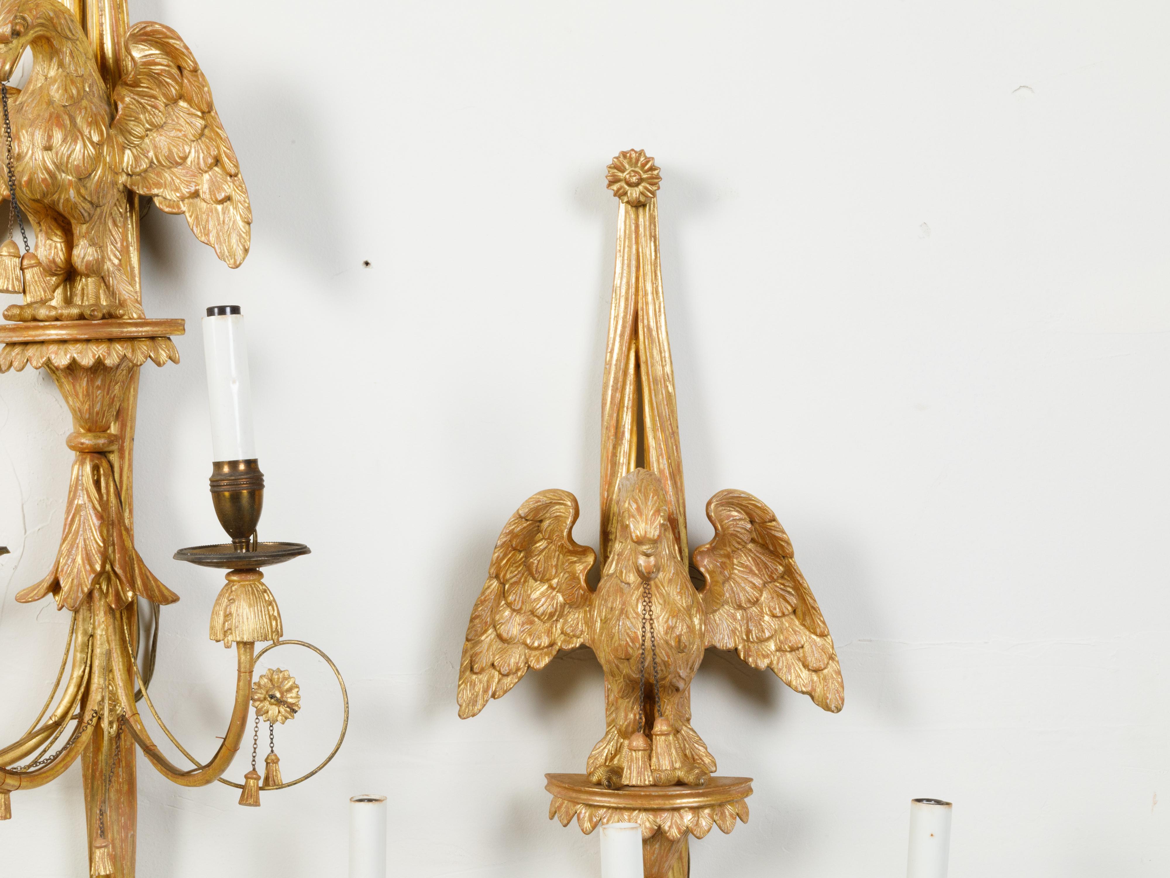 Pair of English 19th Century Three-Light Giltwood Sconces with Carved Eagles For Sale 1