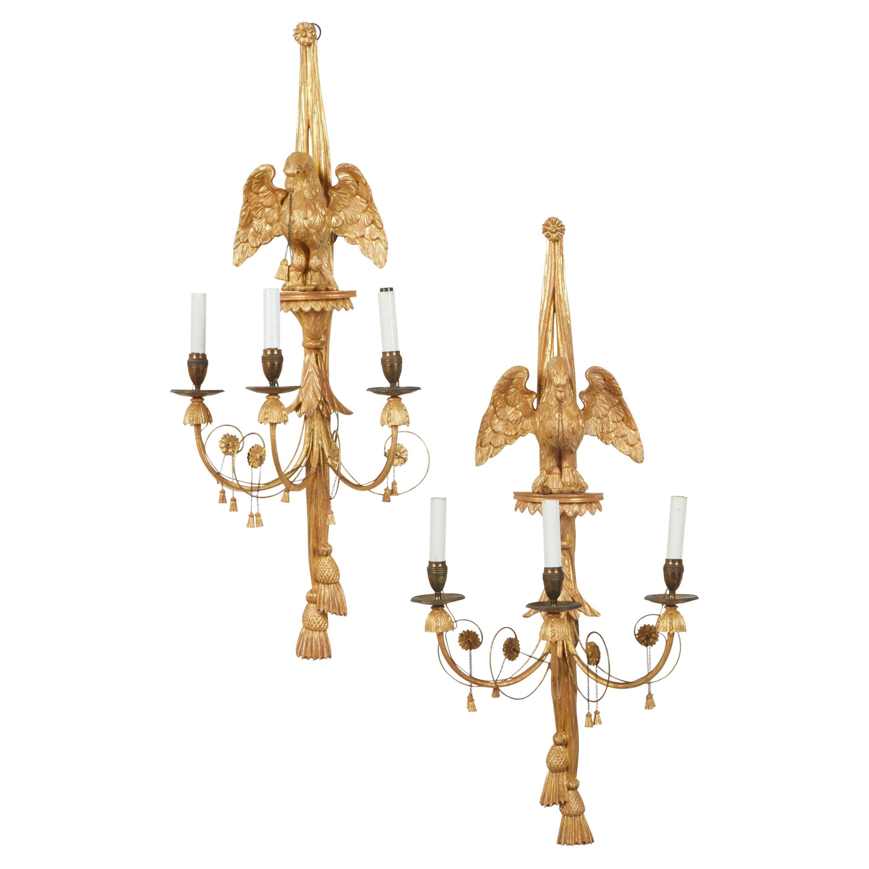 Pair of English 19th Century Three-Light Giltwood Sconces with Carved Eagles For Sale