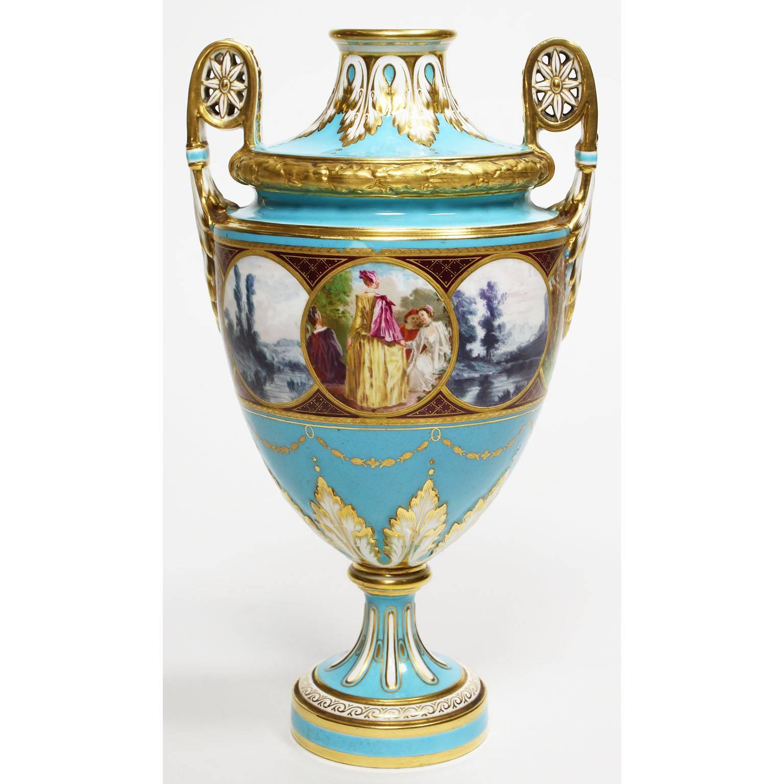 Paire de Vases Anglais du 19ème Siècle en Porcelaine Turquoise avec Peinture de Fond par Minton en vente 5