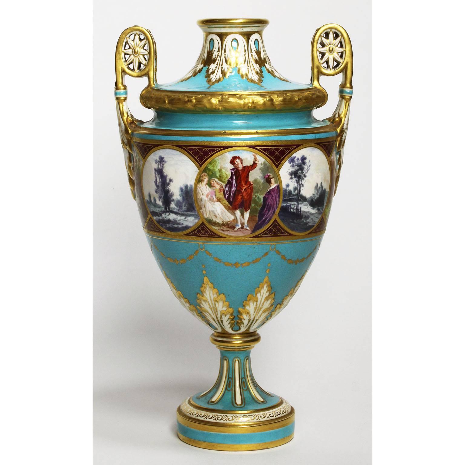 A fine pair of English 19th century turquoise ground and parcel-gilt painted porcelain vases, urns by Minton. The tapered shaped urns raised on a slender stem with turquoise grounds painted with romantic garden and courting scenes, with gilded