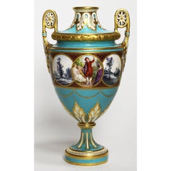 Paire de Vases Anglais du 19ème Siècle en Porcelaine Turquoise avec Peinture de Fond par Minton
