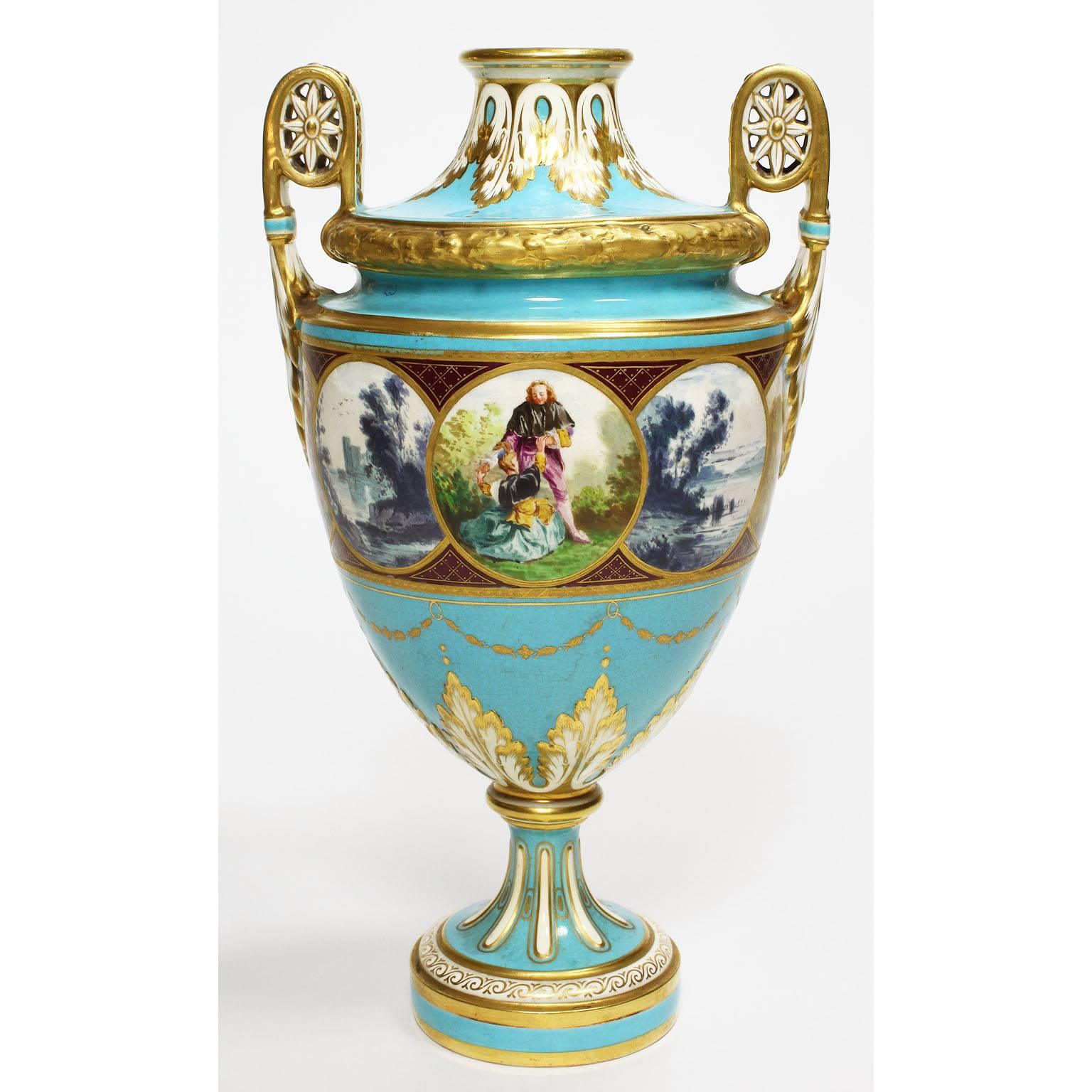 Paire de Vases Anglais du 19ème Siècle en Porcelaine Turquoise avec Peinture de Fond par Minton en vente 1
