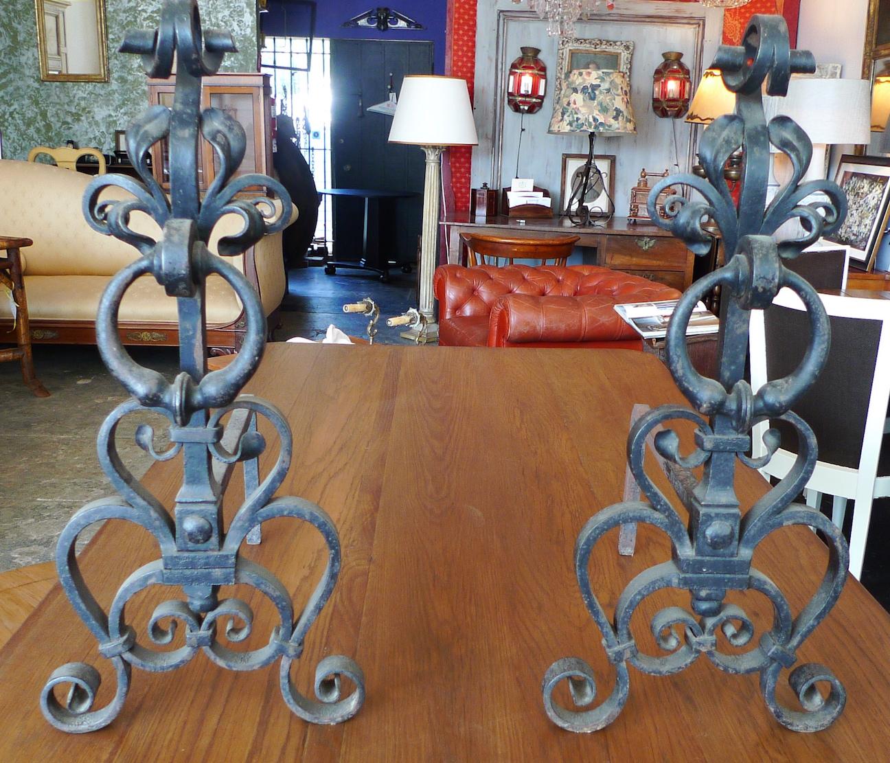 Pair of English 19th Century Wrought Iron Hand Forged Andirons For Sale 9