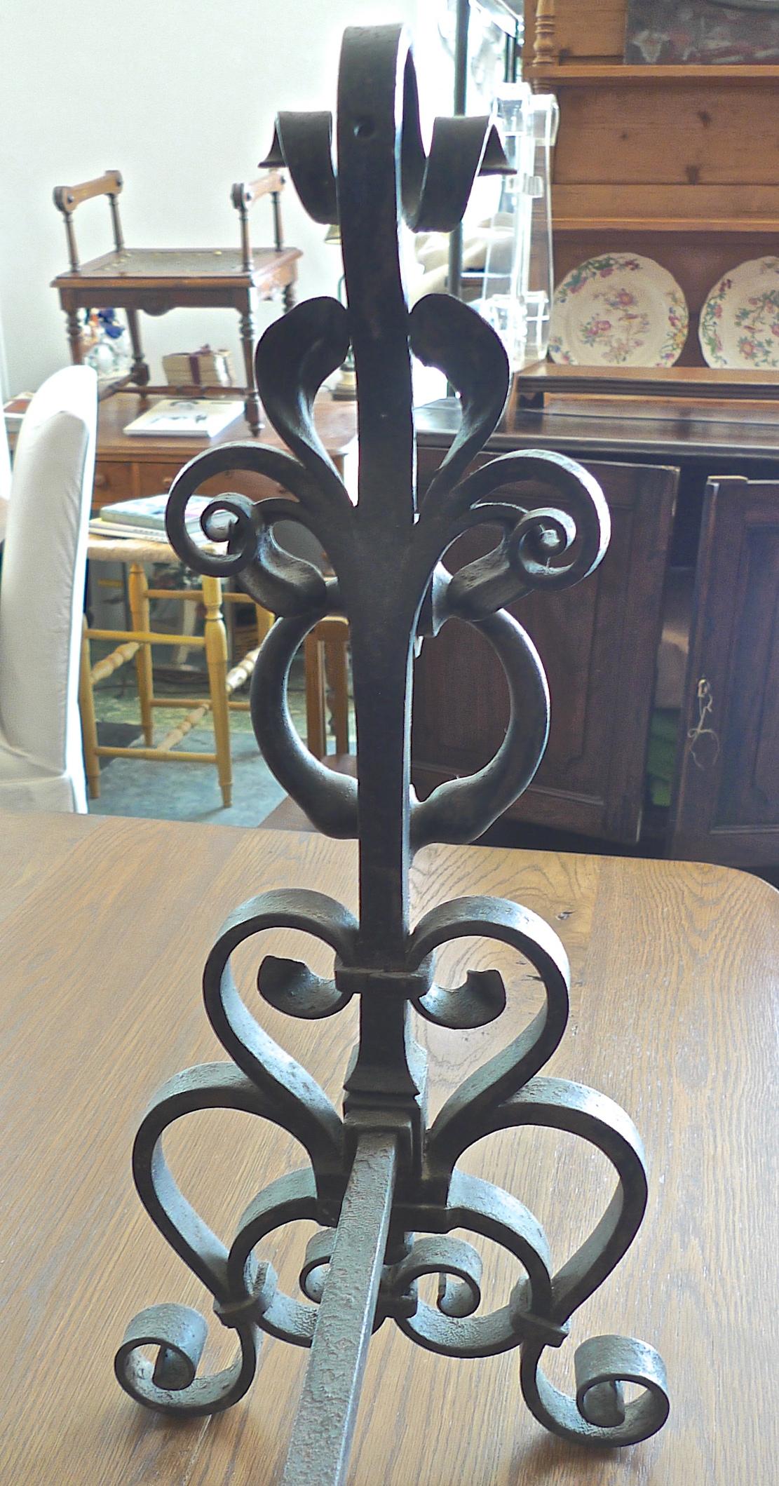 Pair of English 19th Century Wrought Iron Hand Forged Andirons For Sale 3