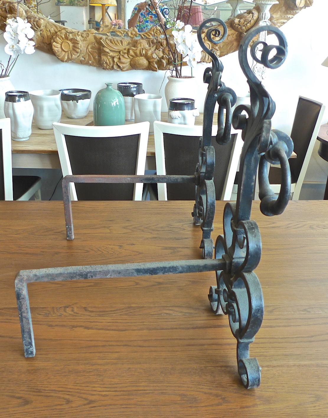 Pair of English 19th Century Wrought Iron Hand Forged Andirons For Sale 4