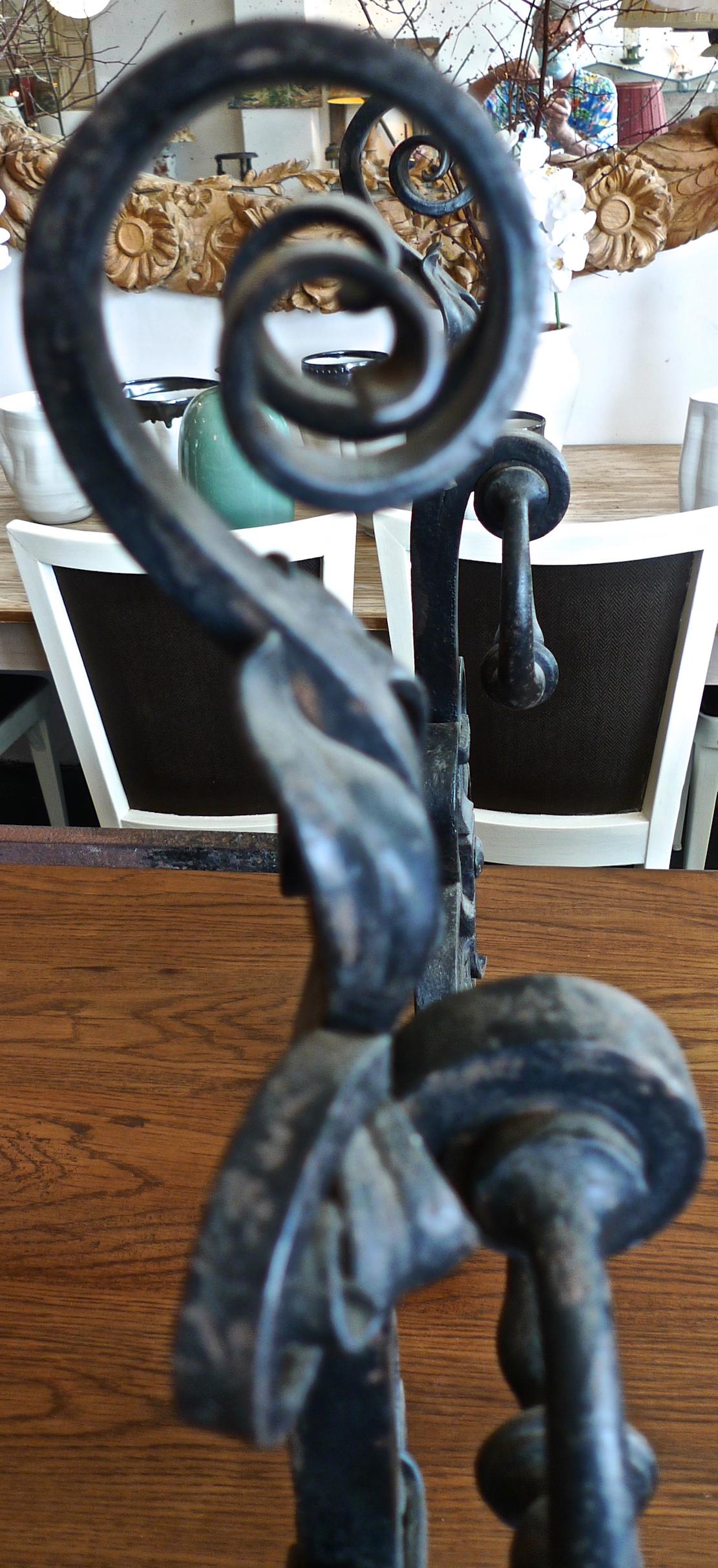 Pair of English 19th Century Wrought Iron Hand Forged Andirons For Sale 5