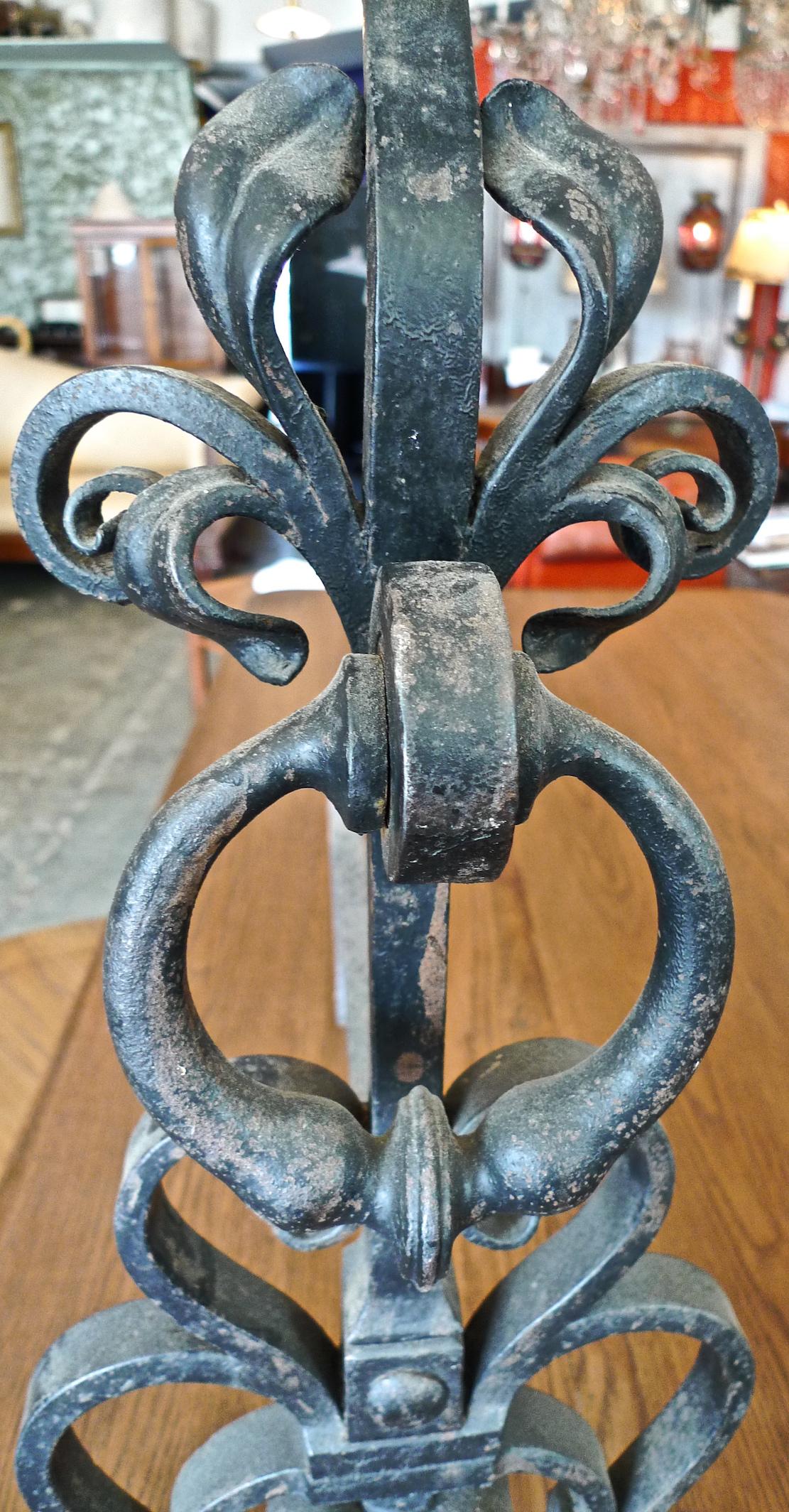 Pair of English 19th Century Wrought Iron Hand Forged Andirons For Sale 6