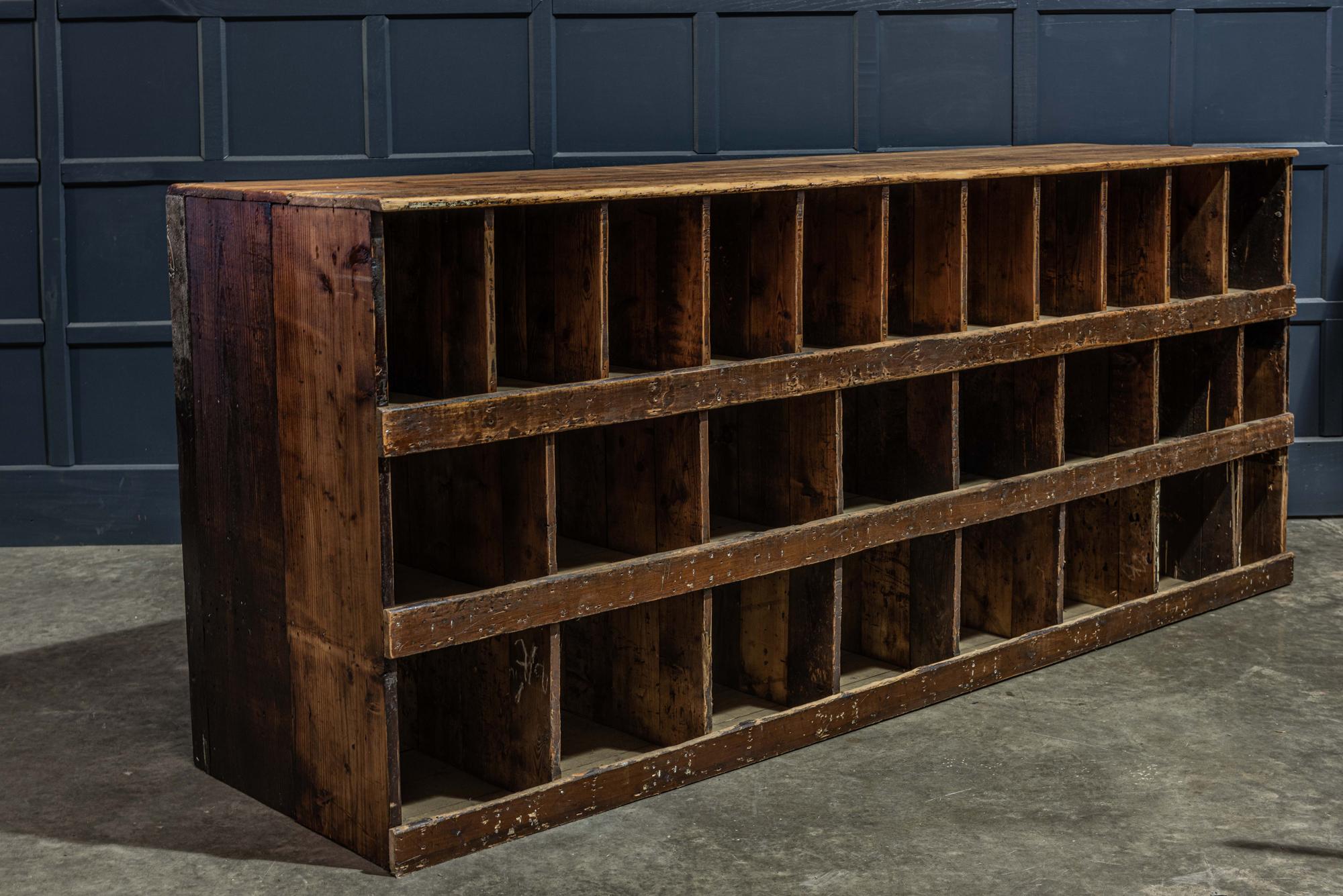 Pair of English 19th century pigeonhole counter cabinets
circa 1849.

Pair of 19th century pine pigeonhole counter cabinets in original unrestored condition.
From 'Whites Ironmongers' Birmingham, on the open market for the first time in its