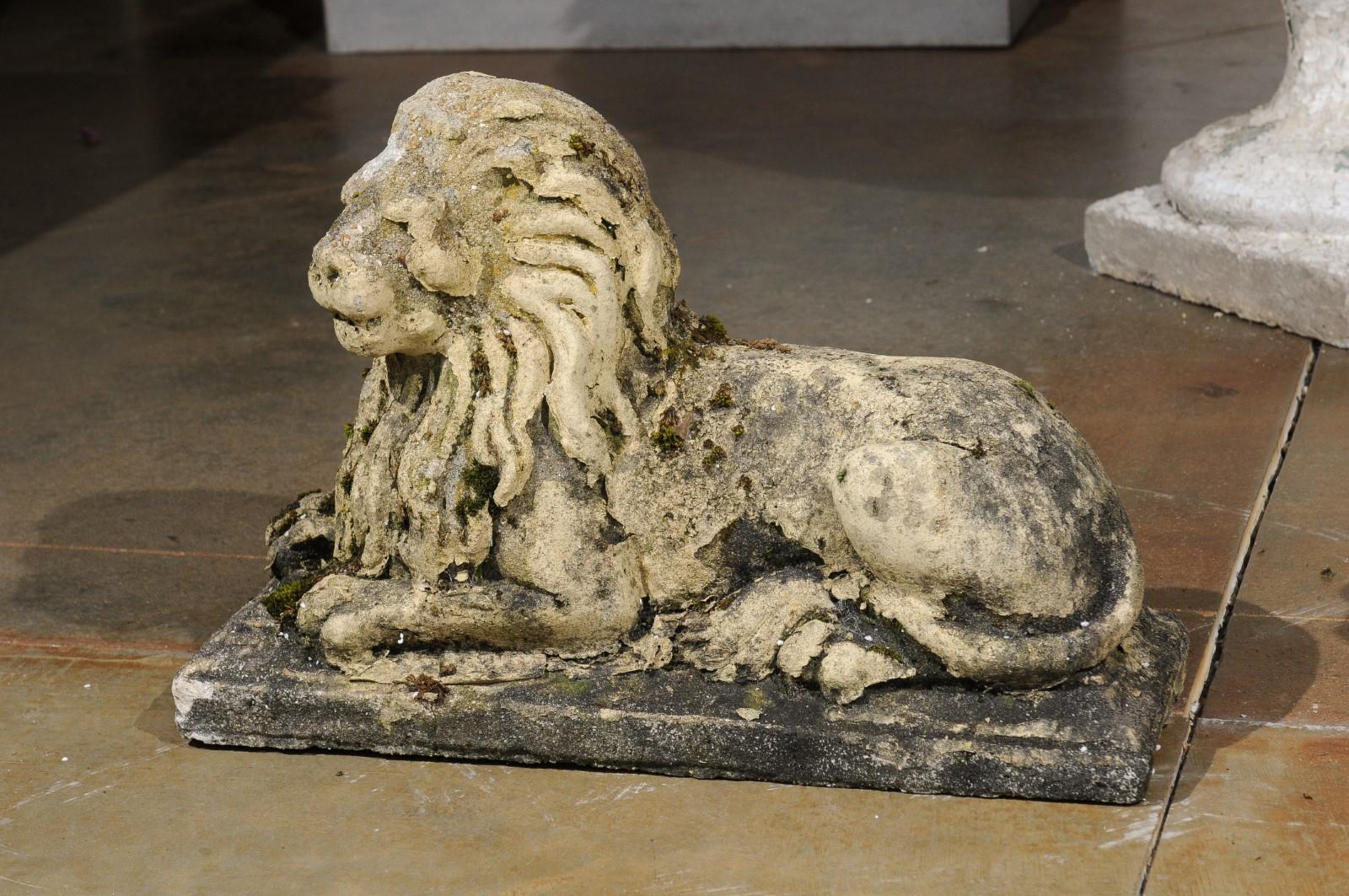 Pair of English 20th Century Composition Reclining Lion Sculptures with Patina For Sale 7