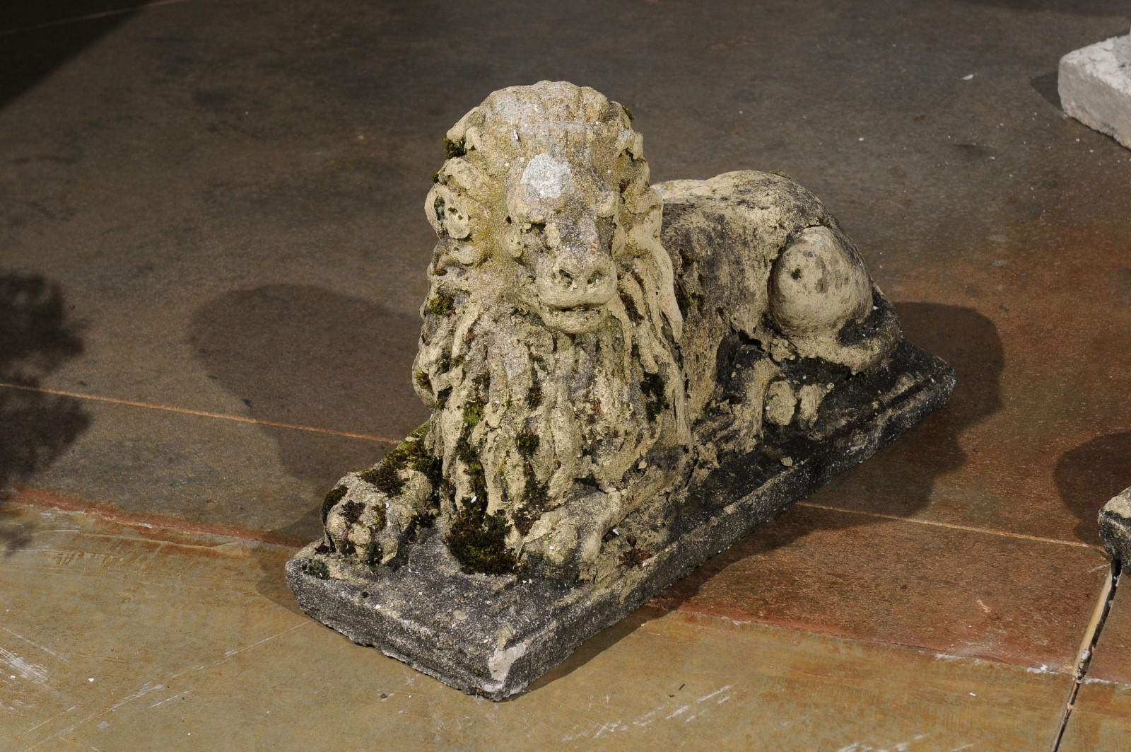 Pair of English 20th Century Composition Reclining Lion Sculptures with Patina In Good Condition For Sale In Atlanta, GA