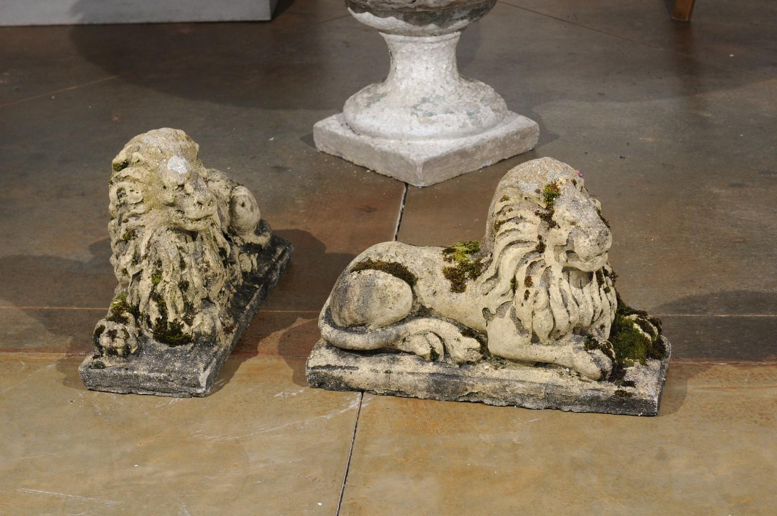 Pair of English 20th Century Composition Reclining Lion Sculptures with Patina For Sale 2