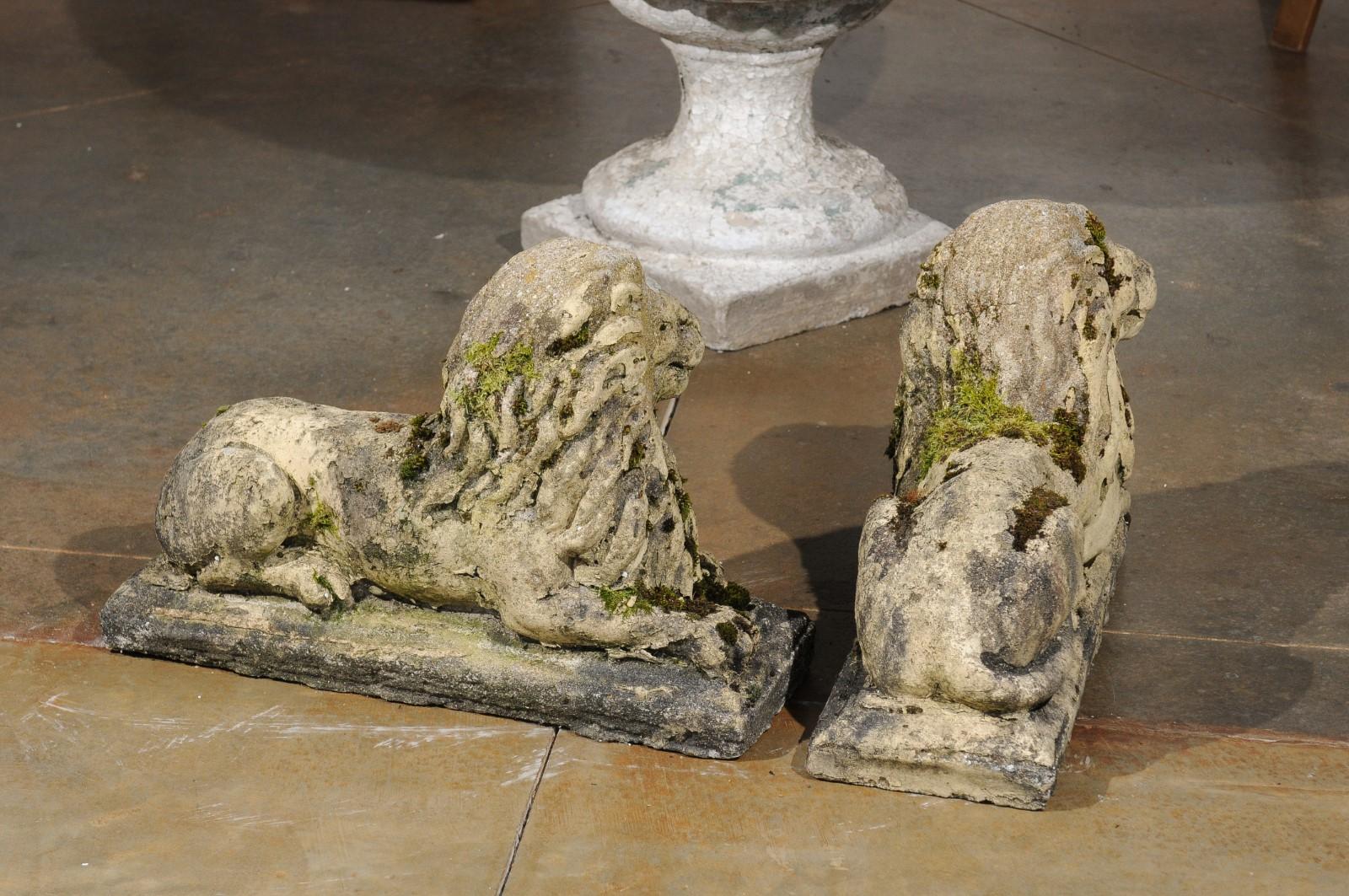 Pair of English 20th Century Composition Reclining Lion Sculptures with Patina For Sale 3