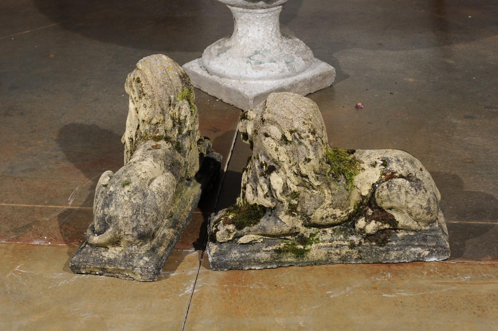 Pair of English 20th Century Composition Reclining Lion Sculptures with Patina For Sale 4