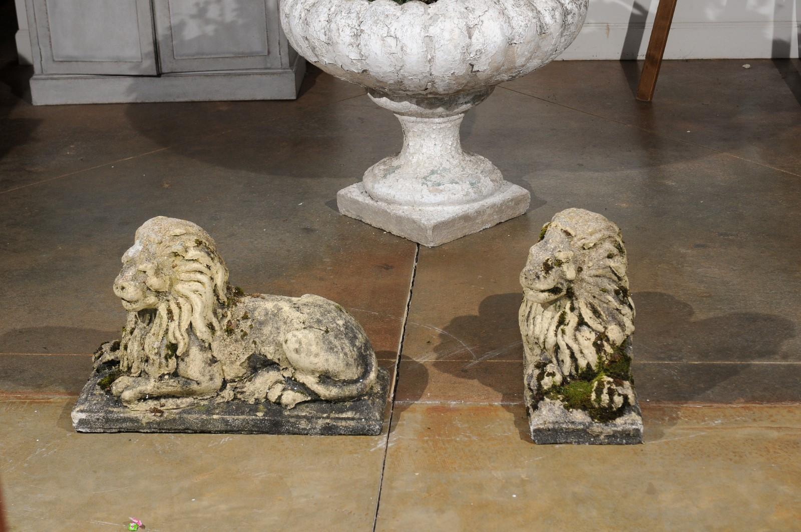 Pair of English 20th Century Composition Reclining Lion Sculptures with Patina For Sale 5