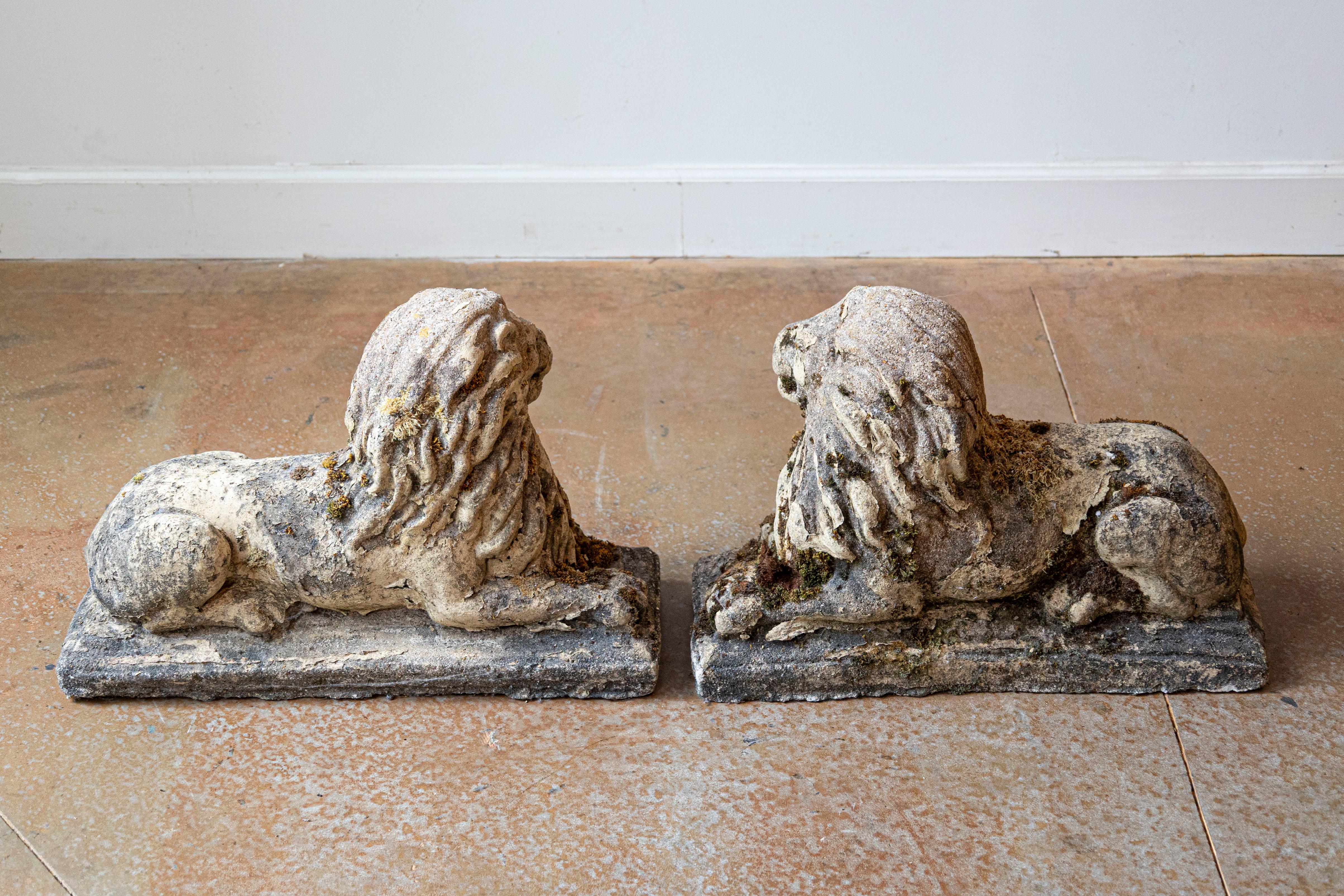 Pareja de esculturas inglesas de león reclinado de composición del siglo XX con pátina en venta 2