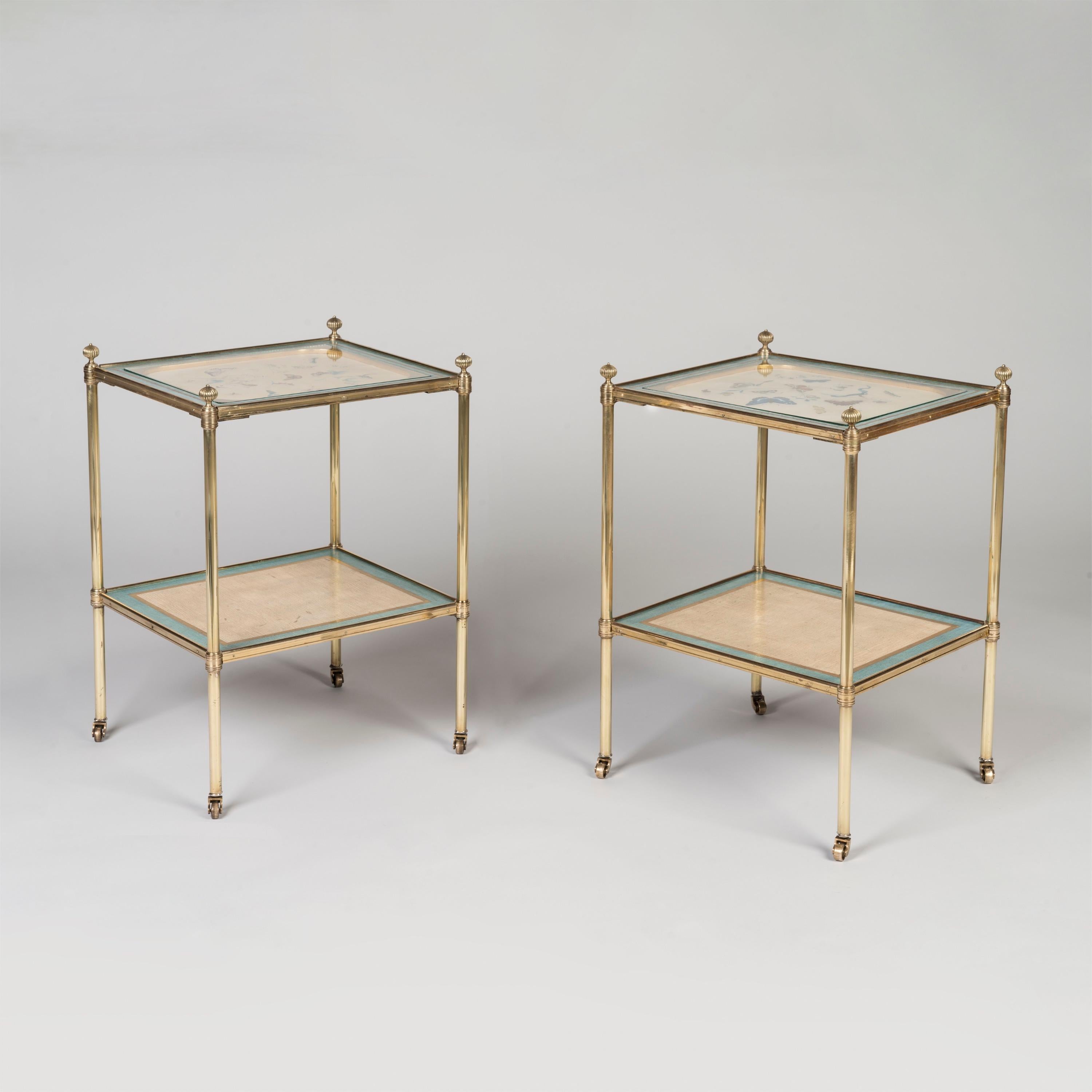 Pair of English 20th Century Gilt Brass Side Tables with Antique Painted Panels In Good Condition For Sale In London, GB