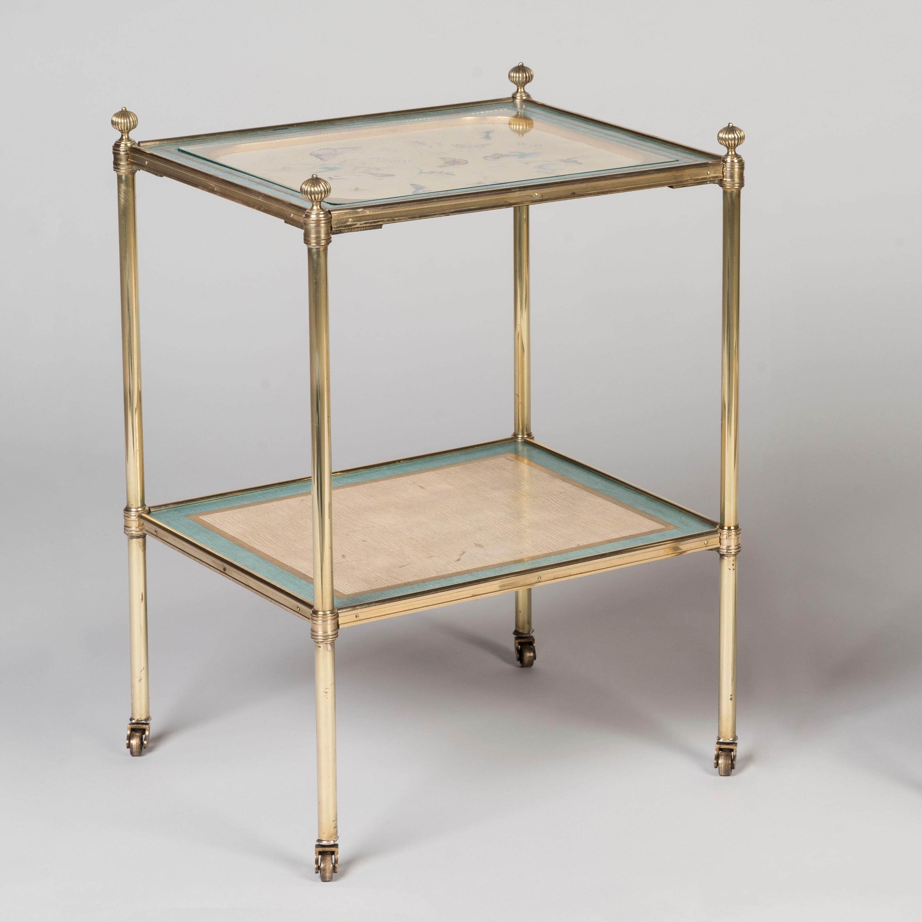 Pair of English 20th Century Gilt Brass Side Tables with Antique Painted Panels For Sale 1