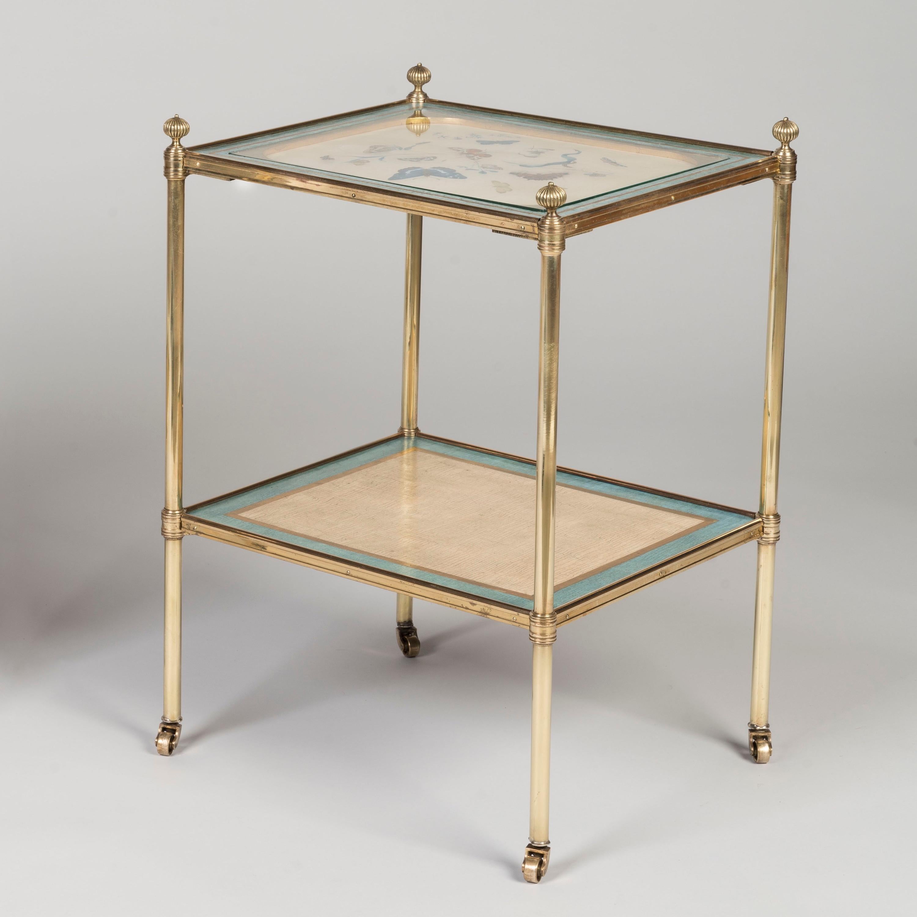 Pair of English 20th Century Gilt Brass Side Tables with Antique Painted Panels For Sale 2