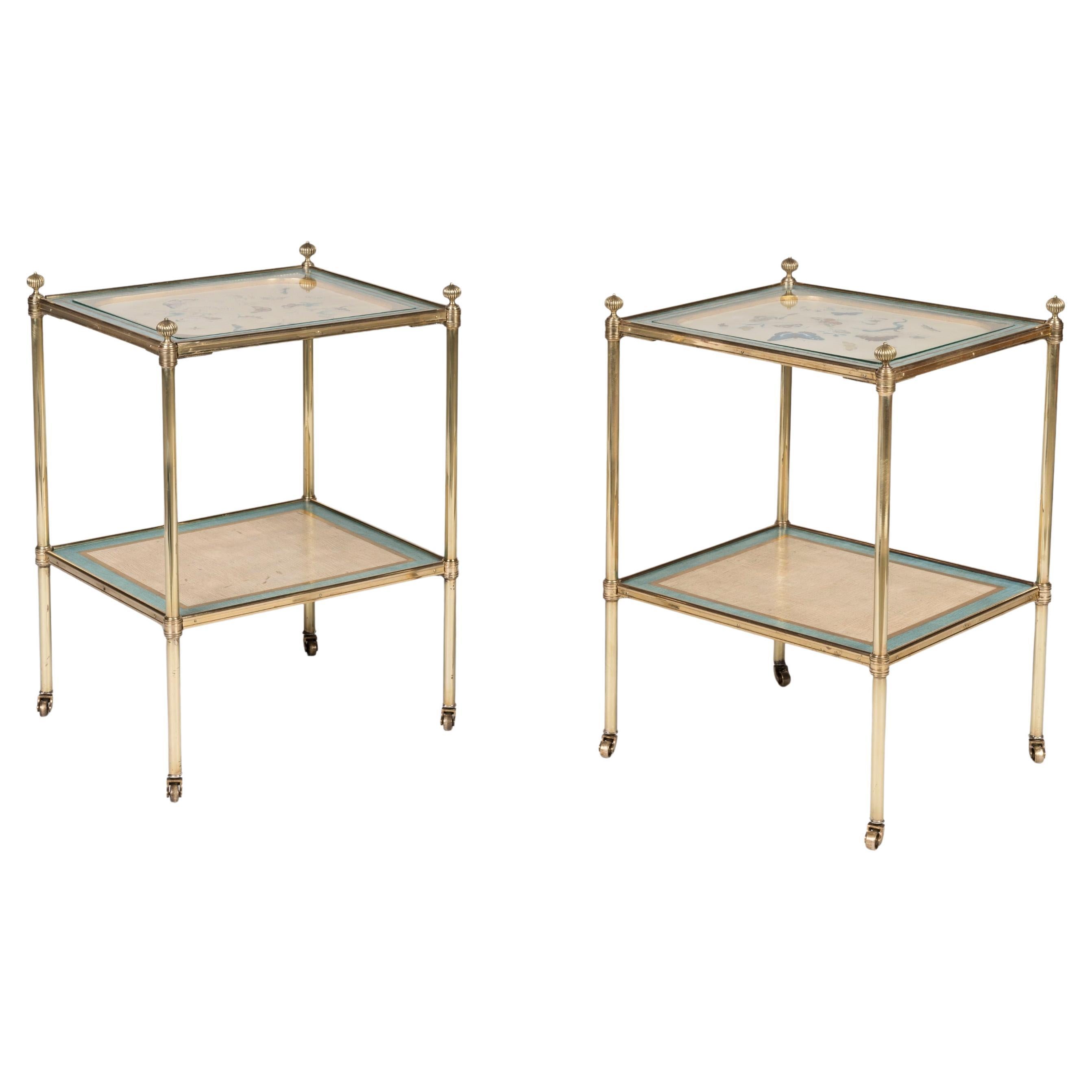 Pair of English 20th Century Gilt Brass Side Tables with Antique Painted Panels