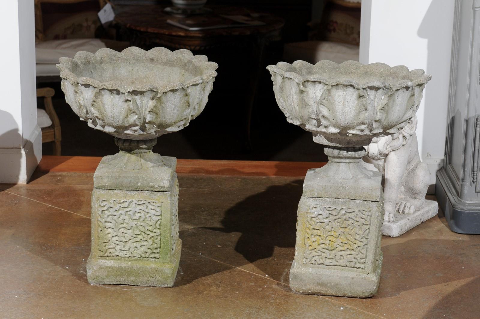 Pair of English 20th Century Stone Urns on Pedestals with Acanthus Leaf Motifs For Sale 7
